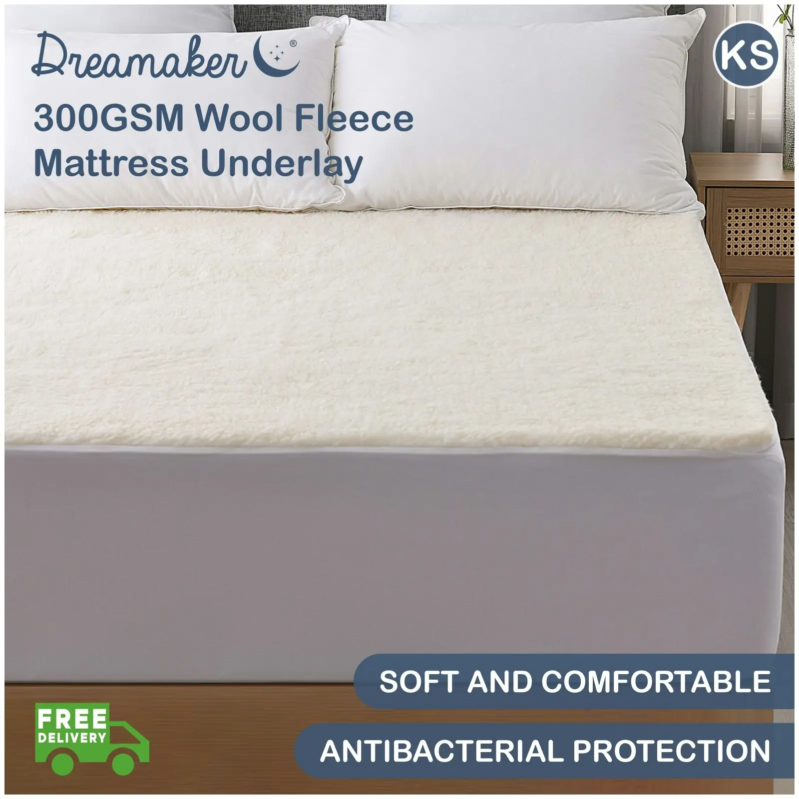 Dreamaker 300GSM Wool Fleece Mattress Underlay King Single Bed