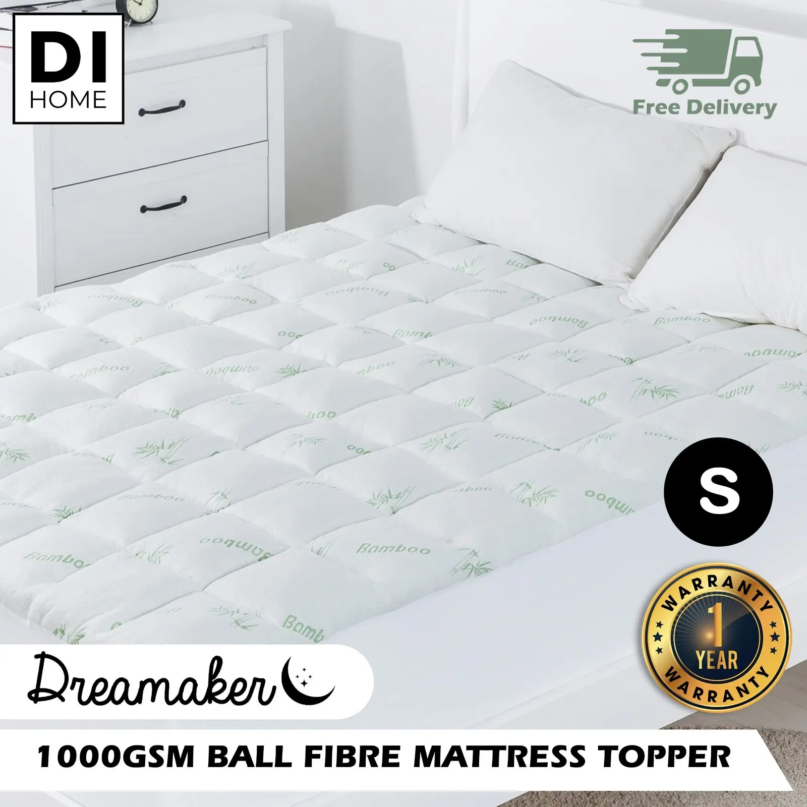 Dreamaker 1000GSM Bamboo Covered Ball Fibre Mattress Topper Single Bed