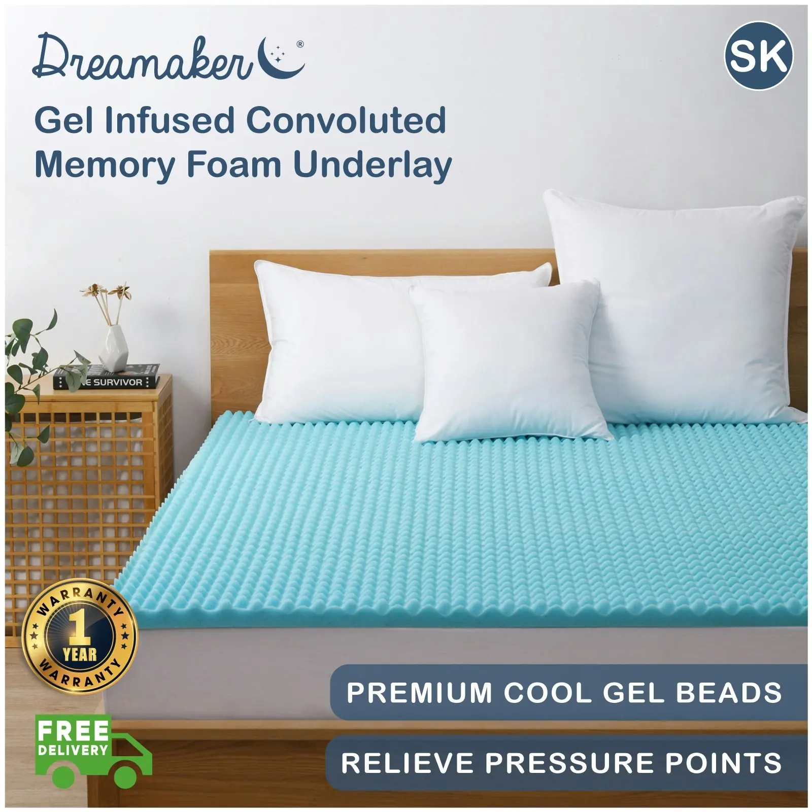 Dreamaker Gel Infused Convoluted Memory Foam Underlay Single Bed