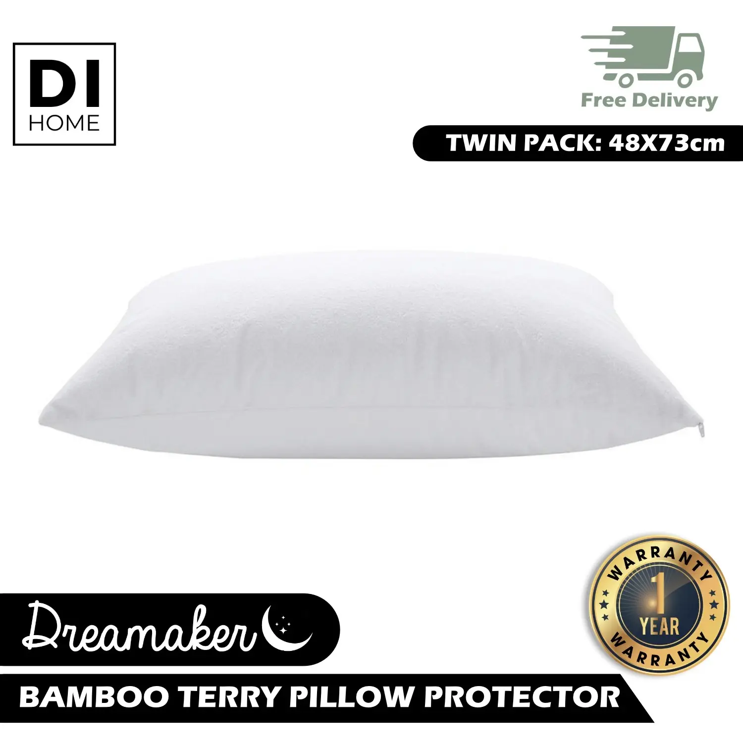 Dreamaker Bamboo Terry Towelling Waterproof Pillow Protector - Standard 48 X 73 Cm (2 Pack)