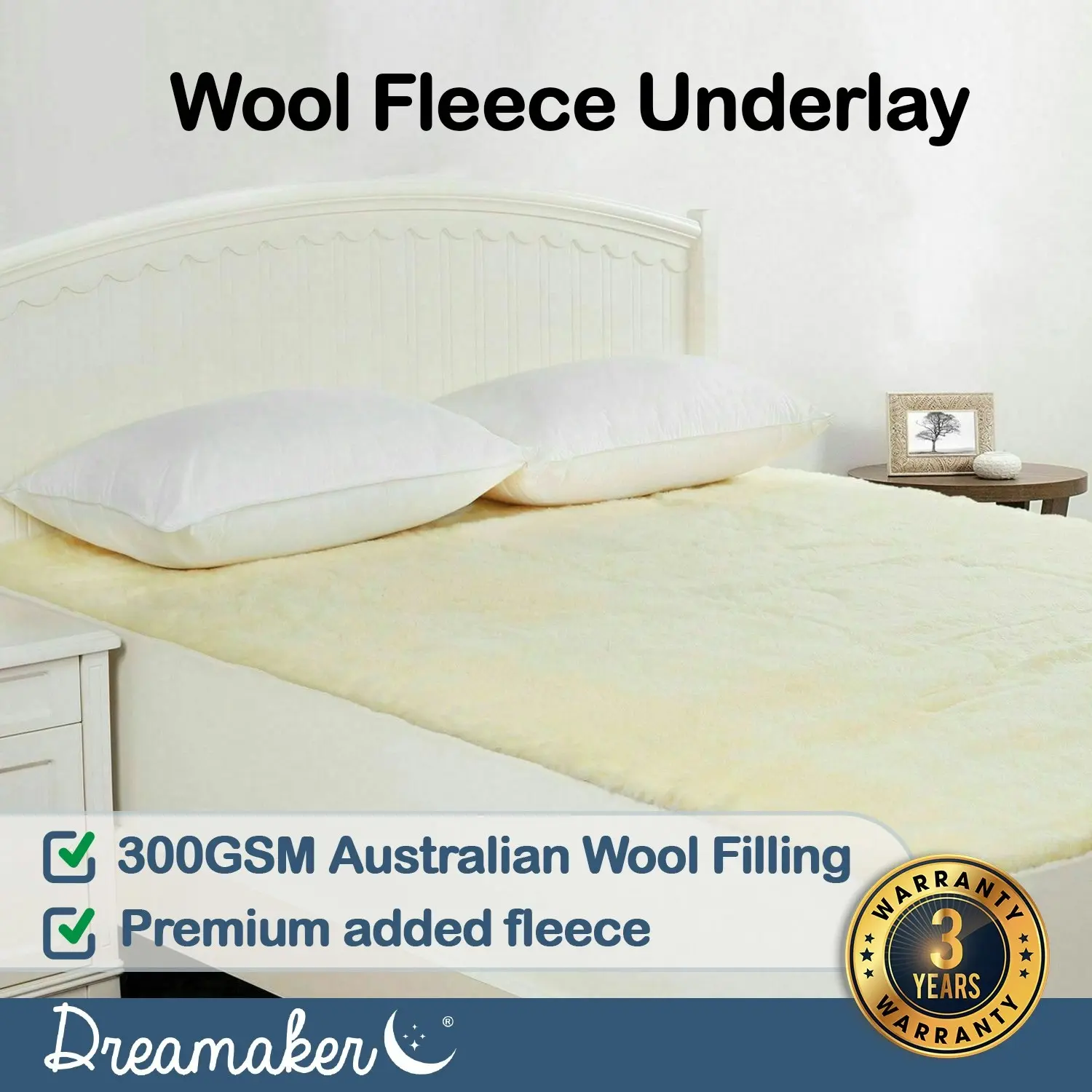 Dreamaker 300GSM Wool Fleece Mattress Underlay Double Bed