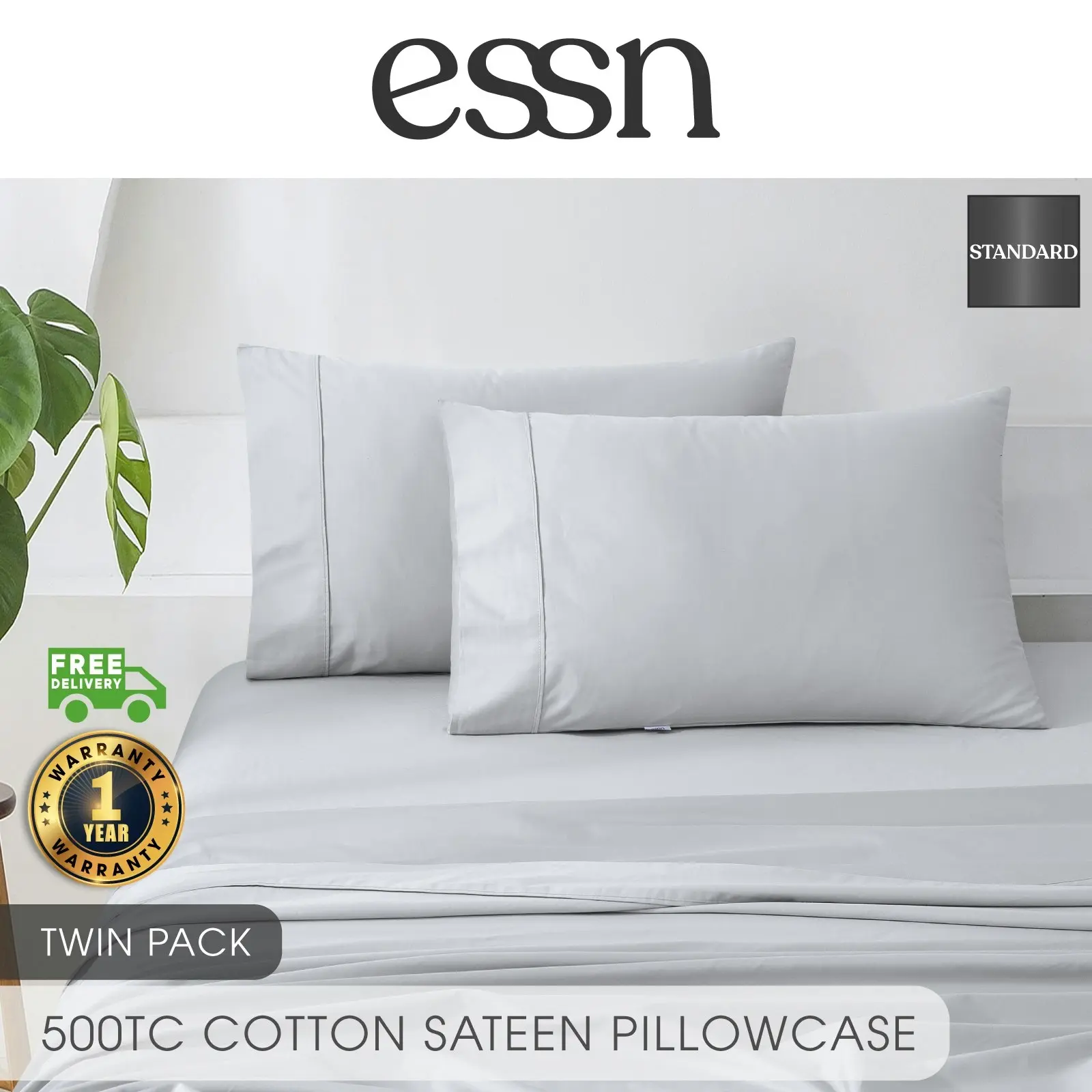 ESSN 500TC Cotton Sateen Standard Pillowcase Silver (Twin Pack)