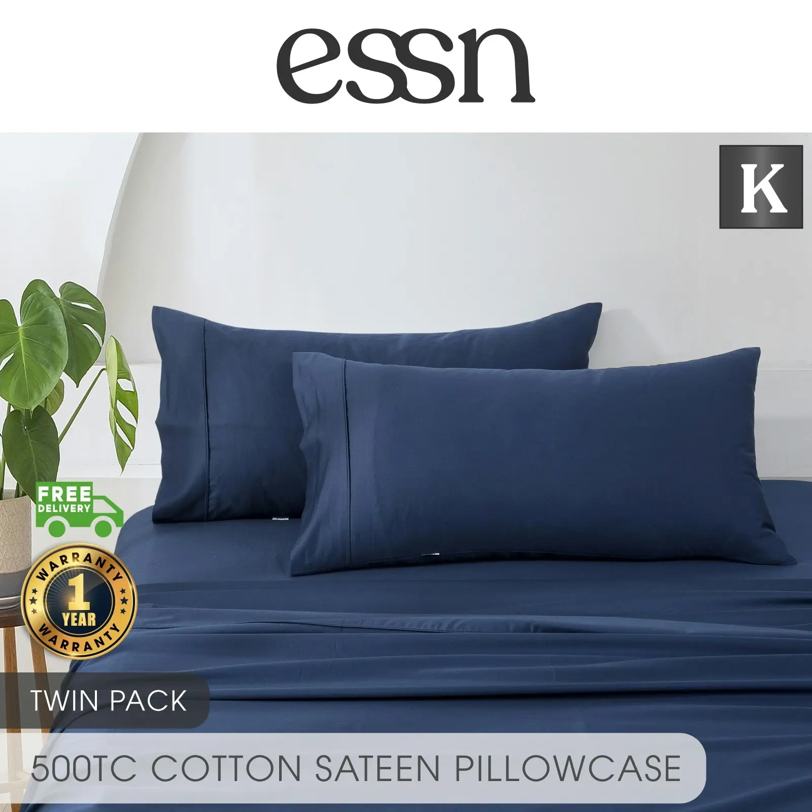 ESSN 500TC Cotton Sateen King Pillowcases Navy (Twin Pack)