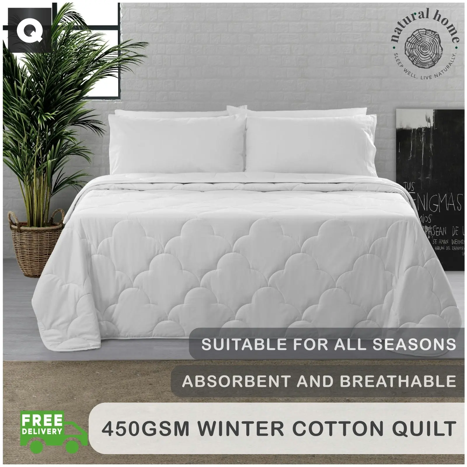 Natural Home Winter Cotton Quilt 450gsm White Queen Bed