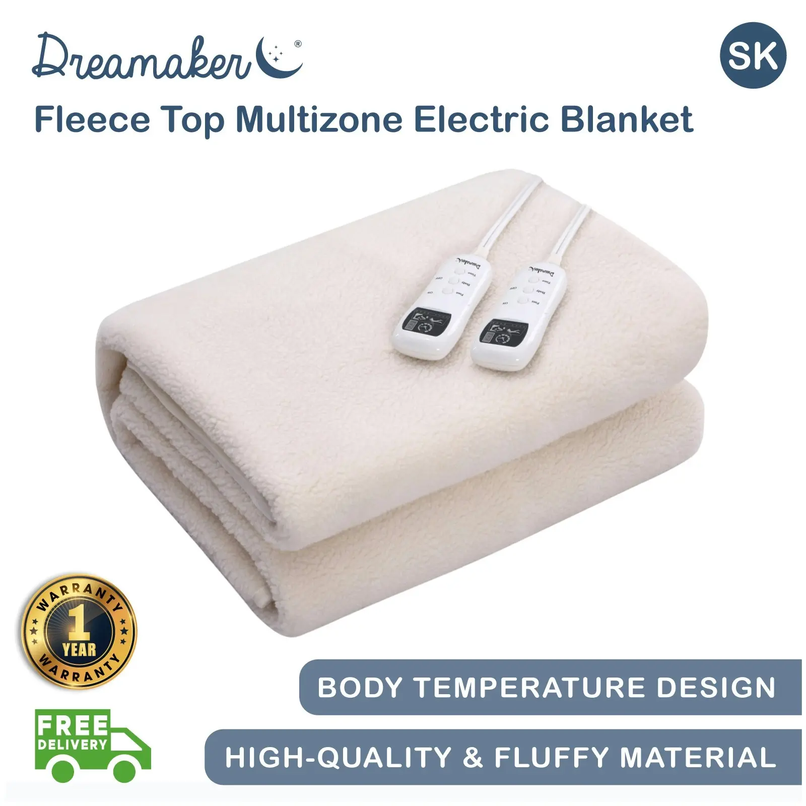 Dreamaker Multi-Zone Fleece Top Electric Blanket Beige Super King Bed