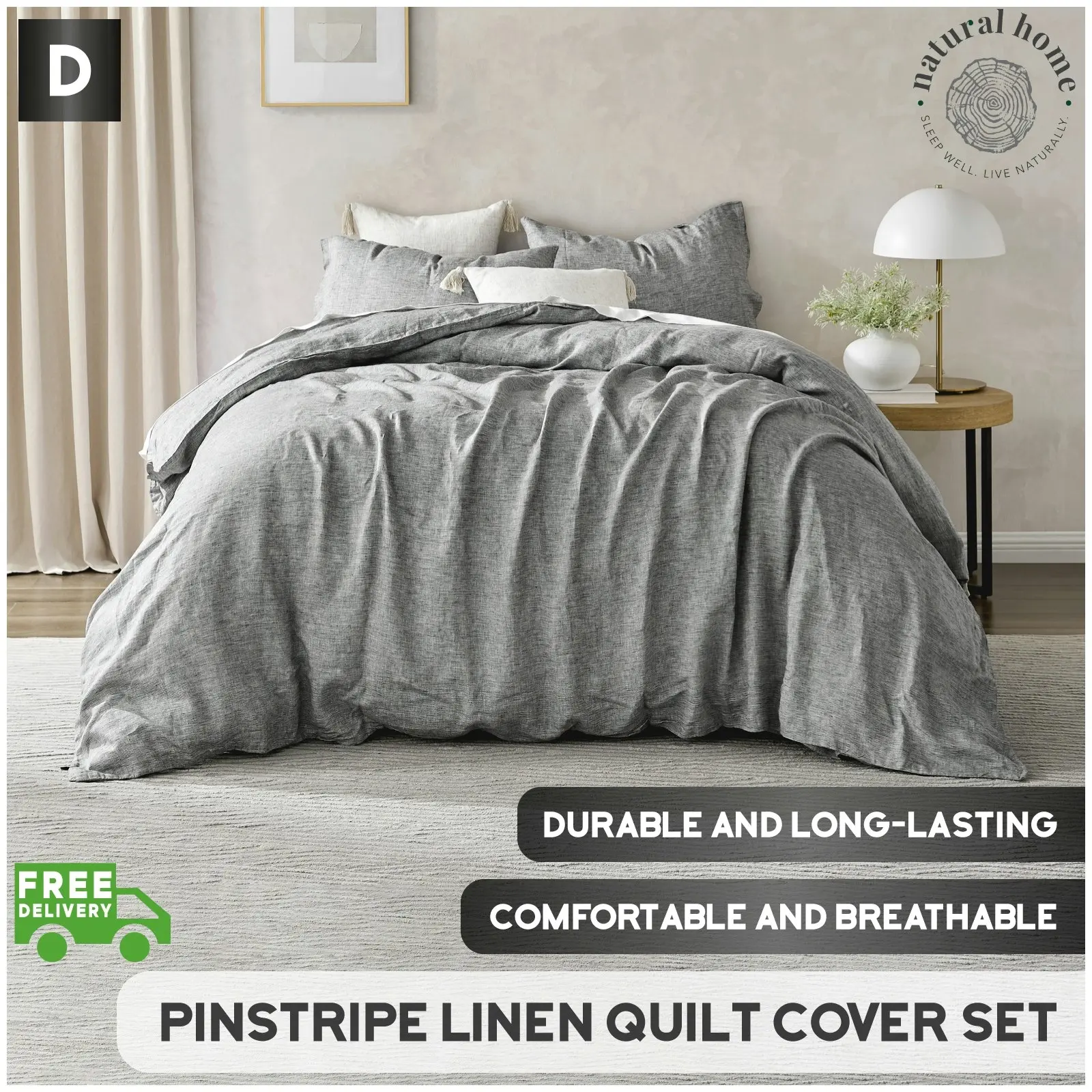 Natural Home Classic Pinstripe Linen Quilt Cover Set Dark with White Pinstripe Double Bed