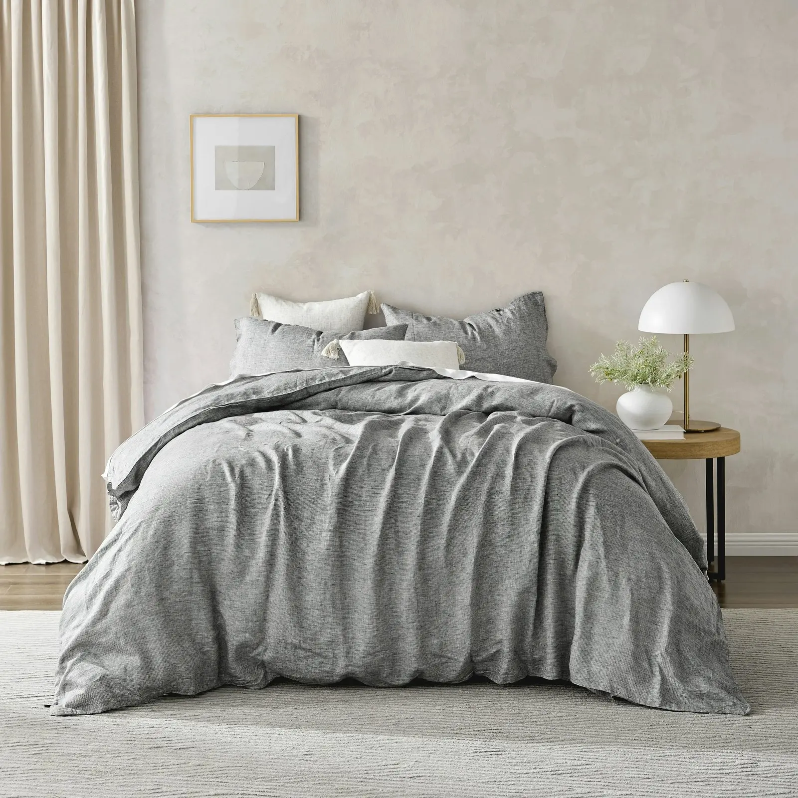 Natural Home Classic Pinstripe Linen Quilt Cover Set Dark with White Pinstripe Double Bed