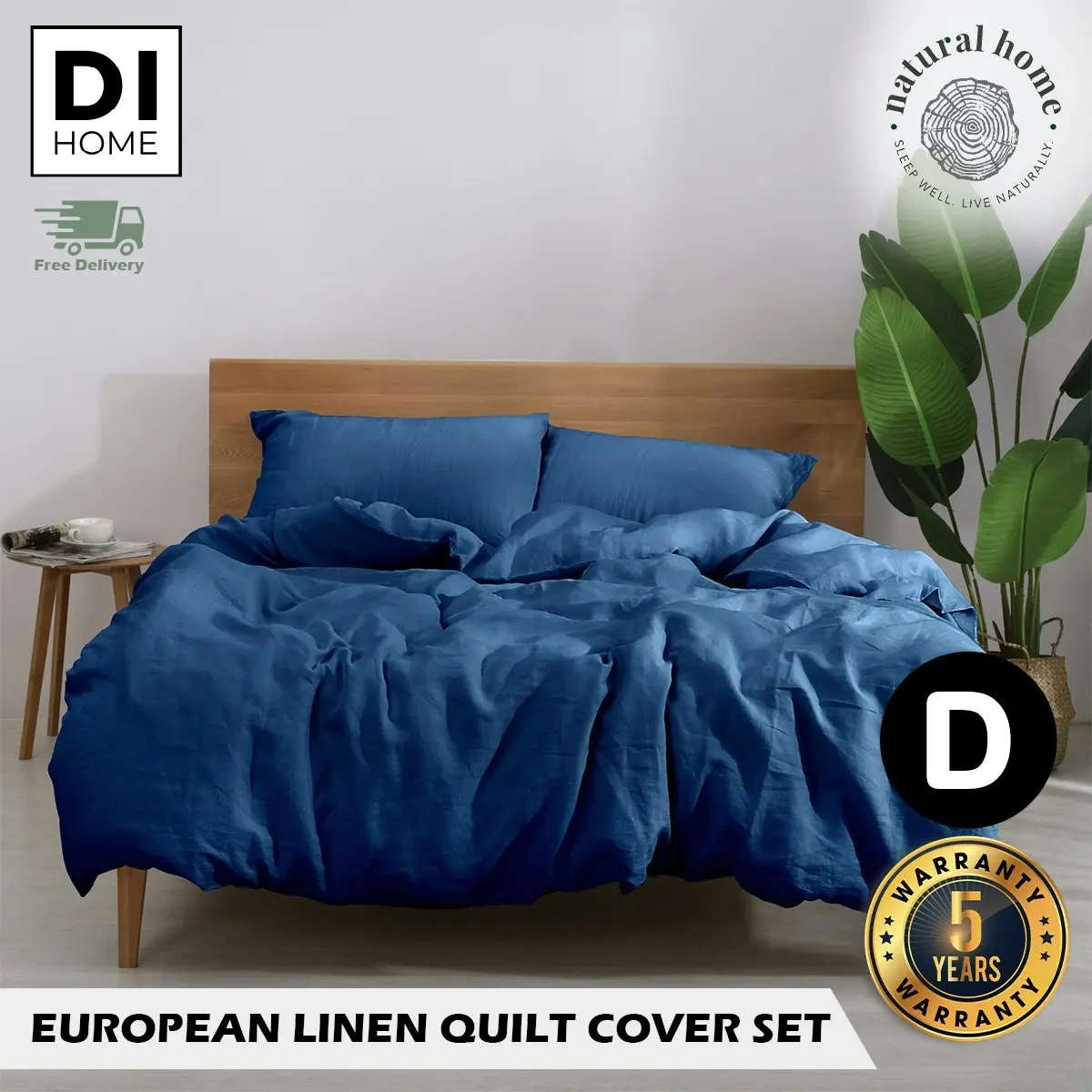 Natural Home Linen 100% European Flax Linen Quilt Cover Set Deep Blue Double Bed