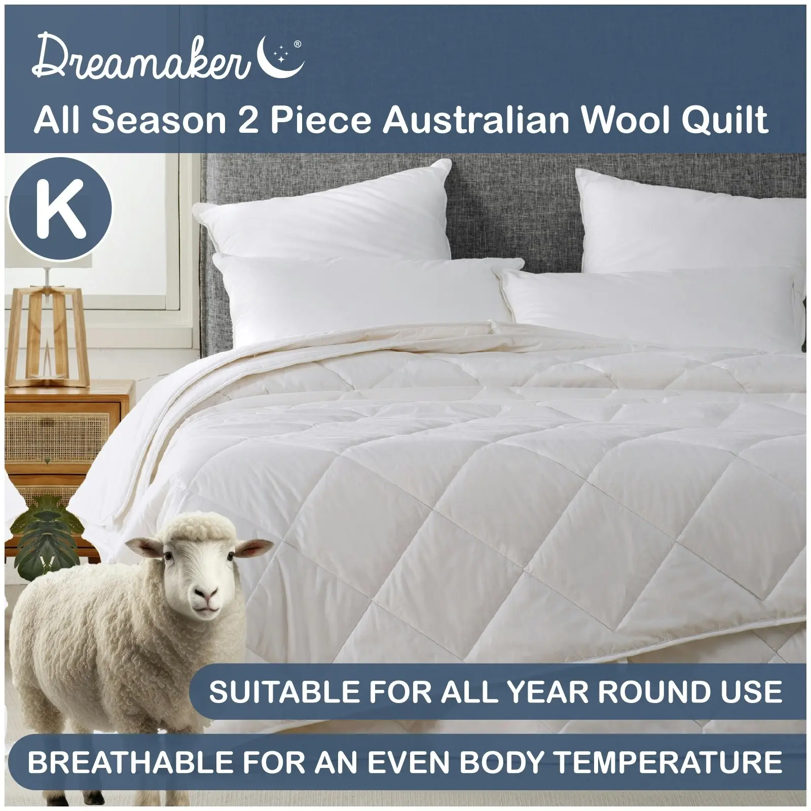 Dreamaker All Season 2 Piece Australian Wool Quilt Double Bed