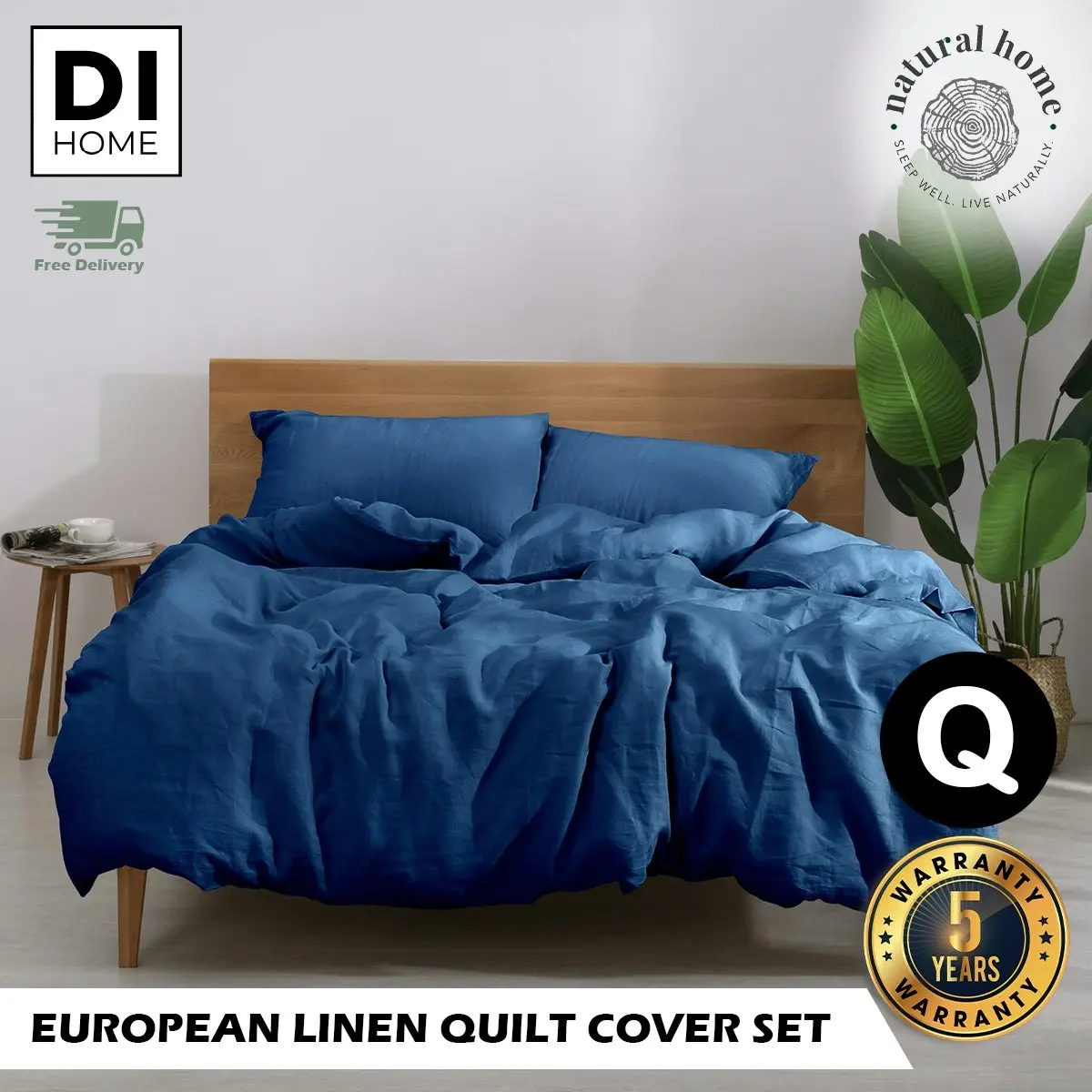 Natural Home Linen 100% European Flax Linen Quilt Cover Set Deep Blue Queen Bed