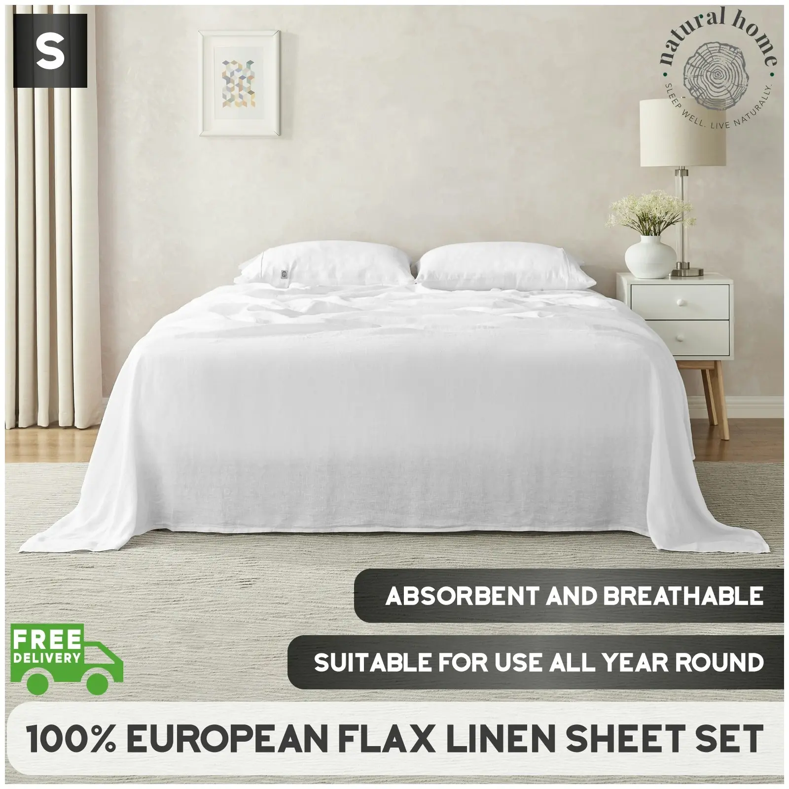 Natural Home 100% European Flax Linen Sheet Set White Single Bed