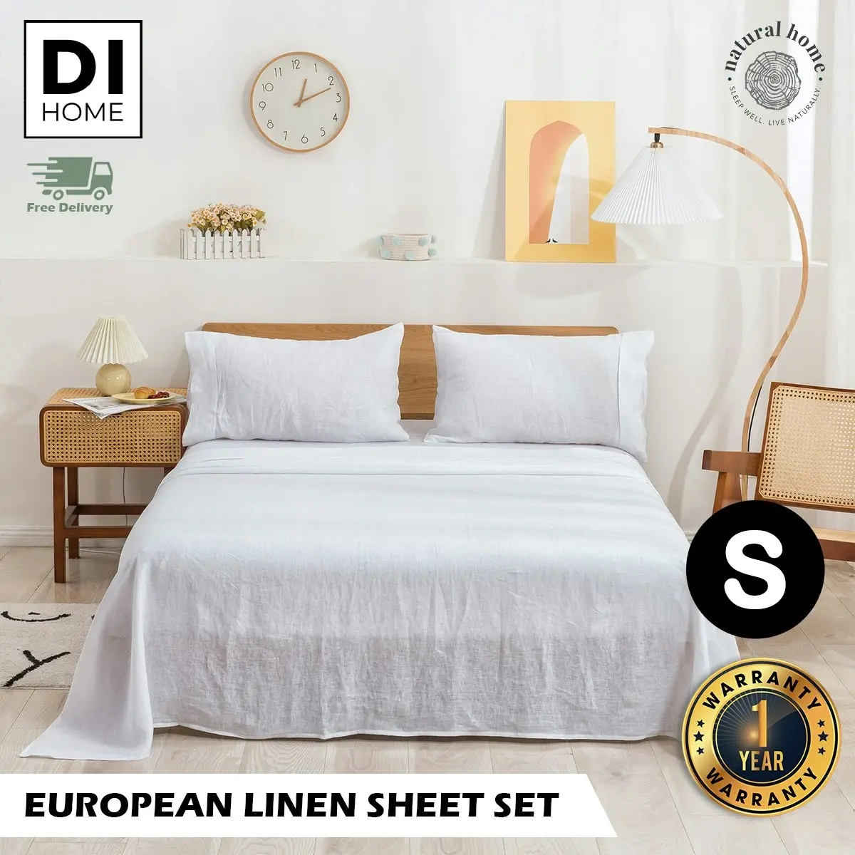 Natural Home 100% European Flax Linen Sheet Set White Single Bed