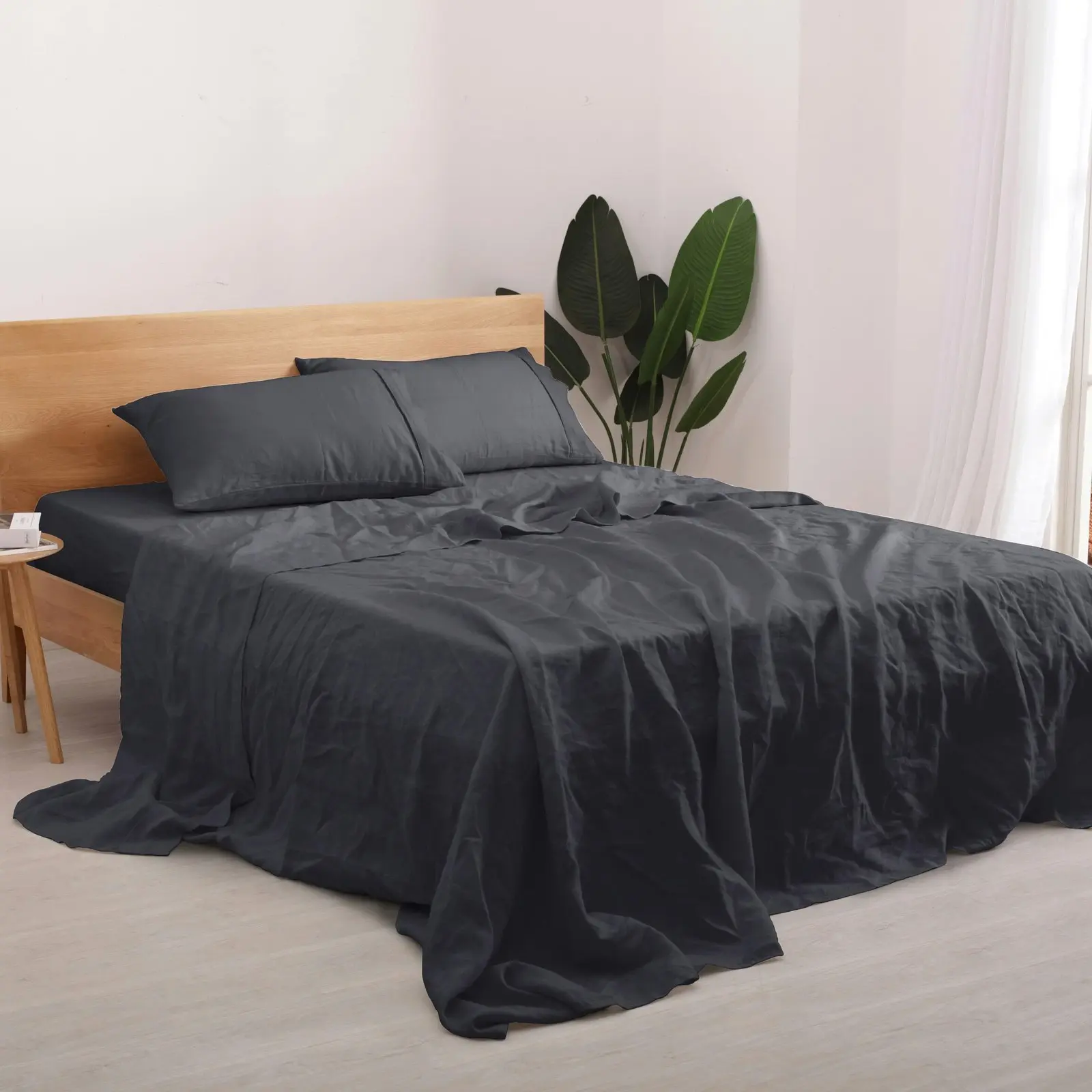 Natural Home 100% European Flax Linen Sheet Set Charcoal Single Bed