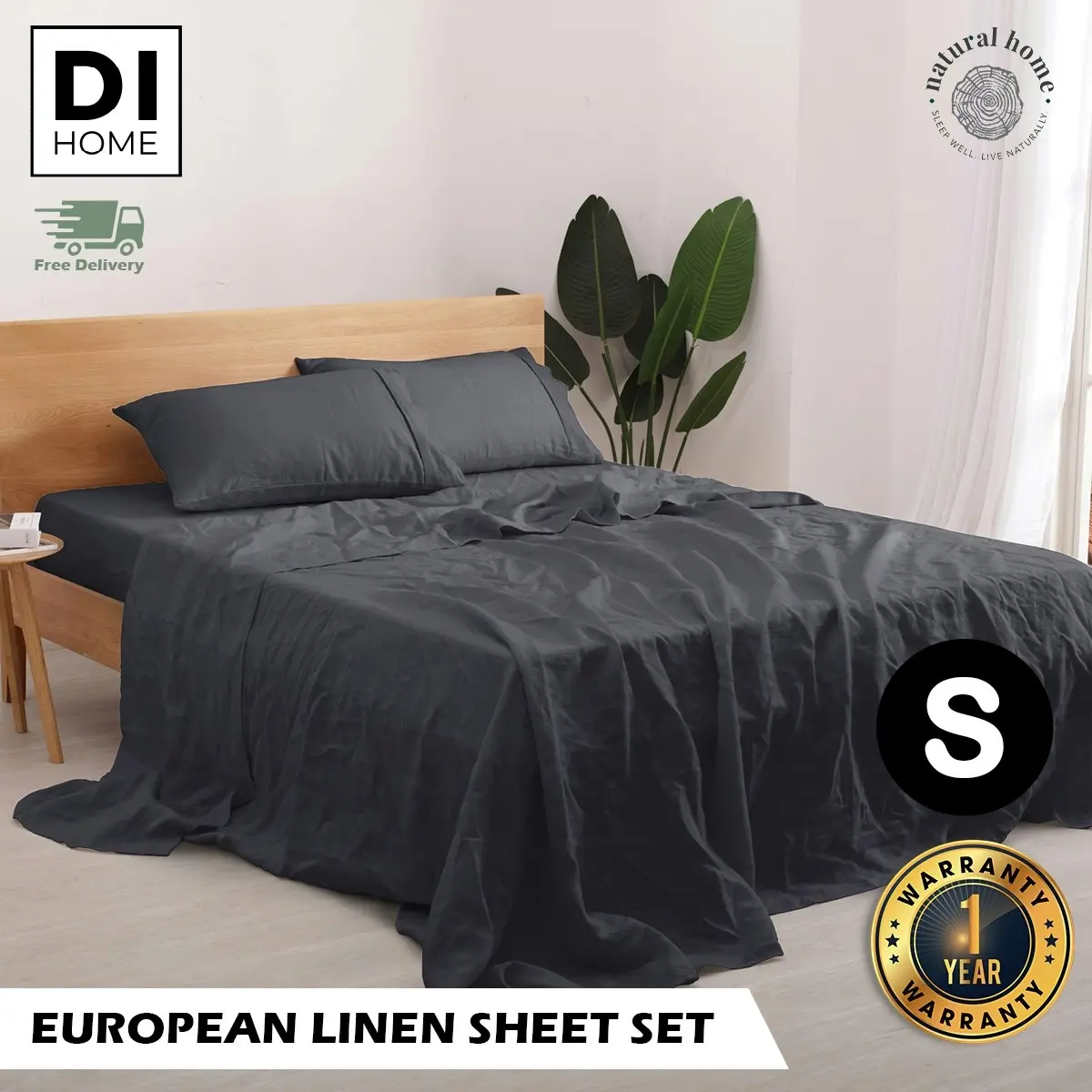 Natural Home 100% European Flax Linen Sheet Set Charcoal Single Bed