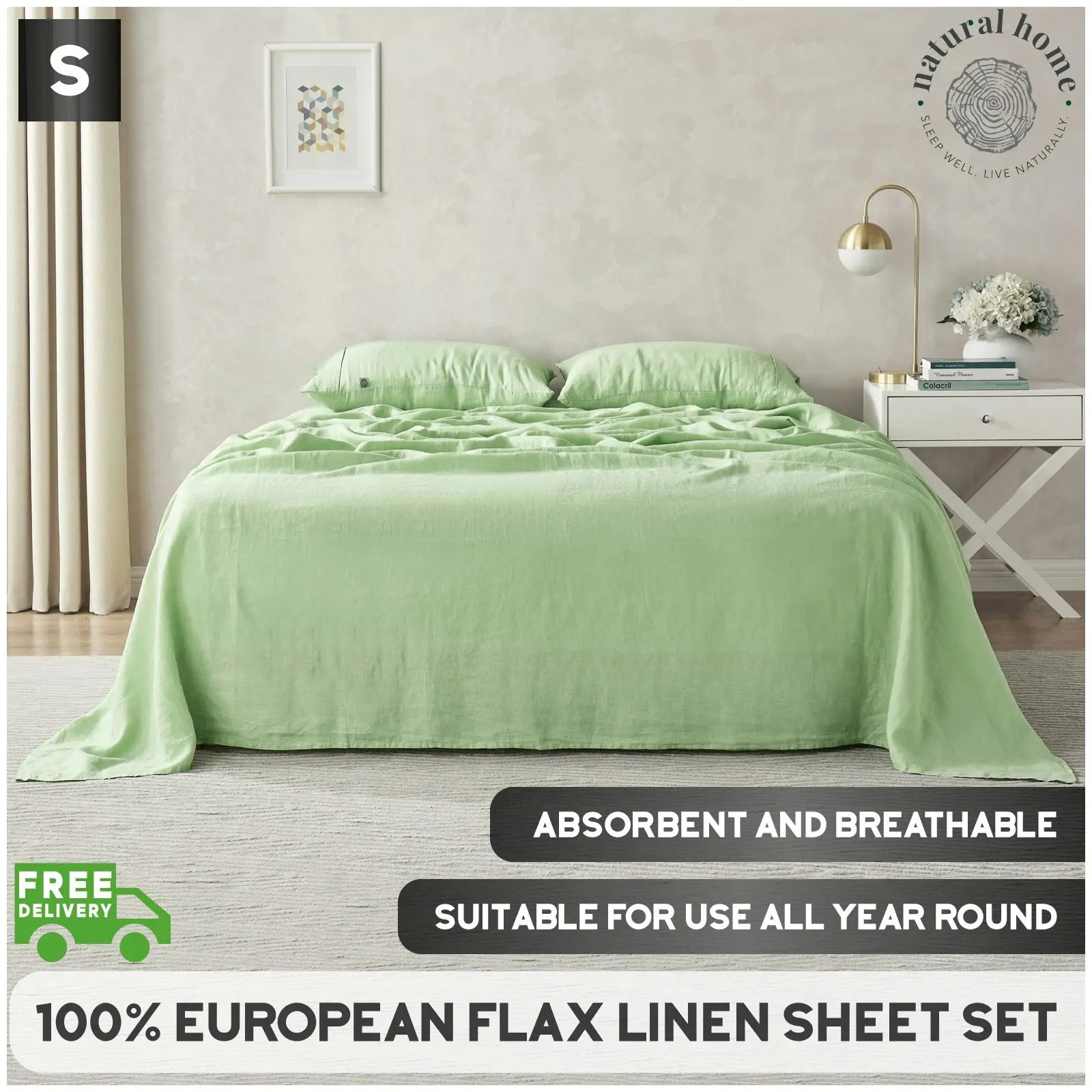 Natural Home 100% European Flax Linen Sheet Set - Sage - Single Bed