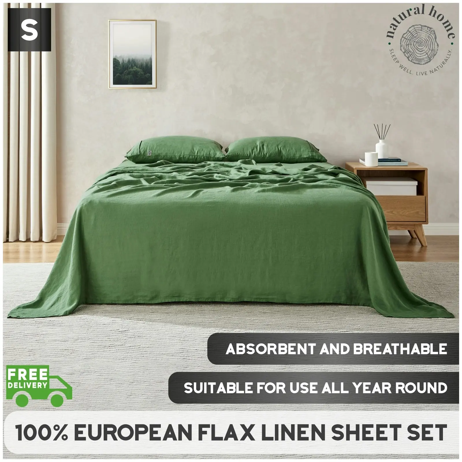 Natural Home 100% European Flax Linen Sheet Set - Olive - Single Bed