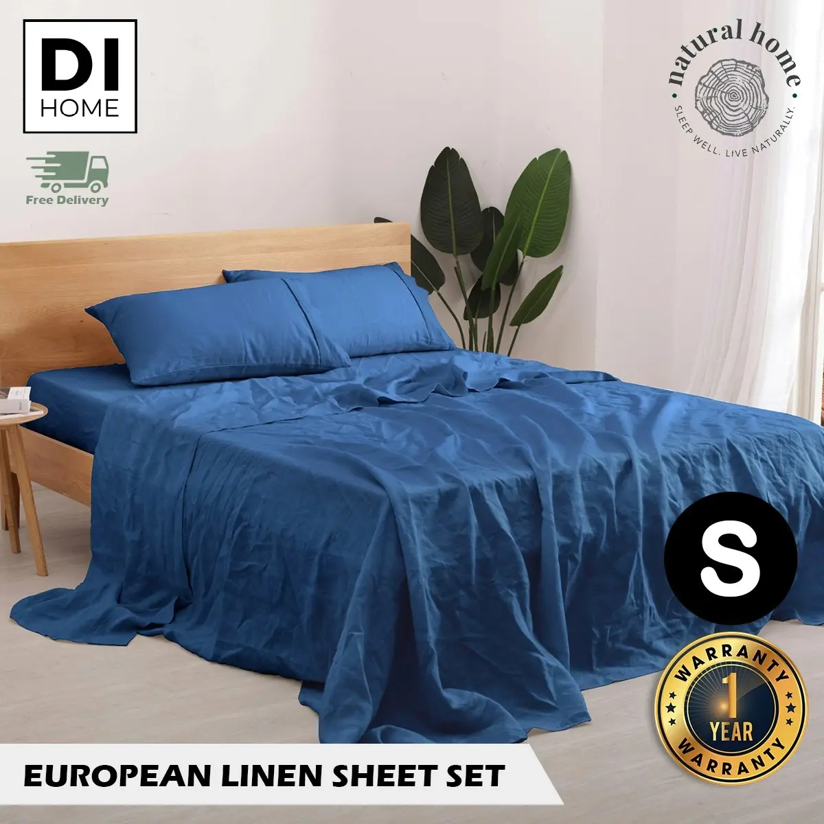 Natural Home 100% European Flax Linen Sheet Set - Deep Blue - Single Bed