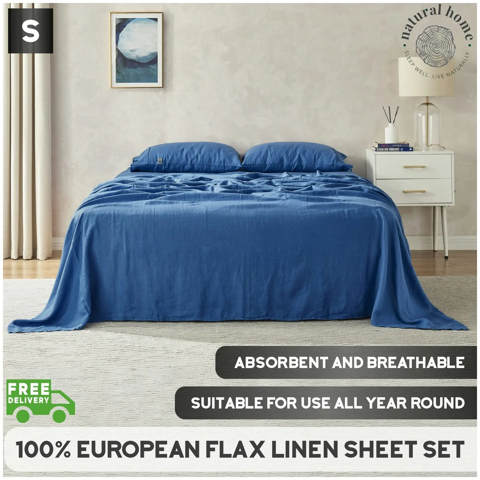 Natural Home 100% European Flax Linen Sheet Set - Deep Blue - Single Bed