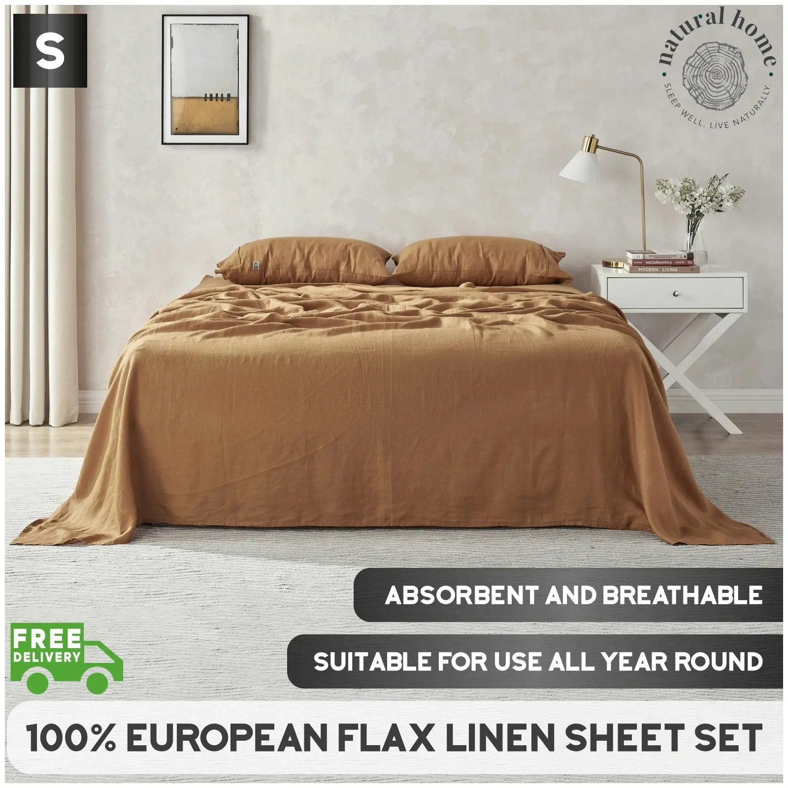 Natural Home 100% European Flax Linen Sheet Set - Rust - Single Bed