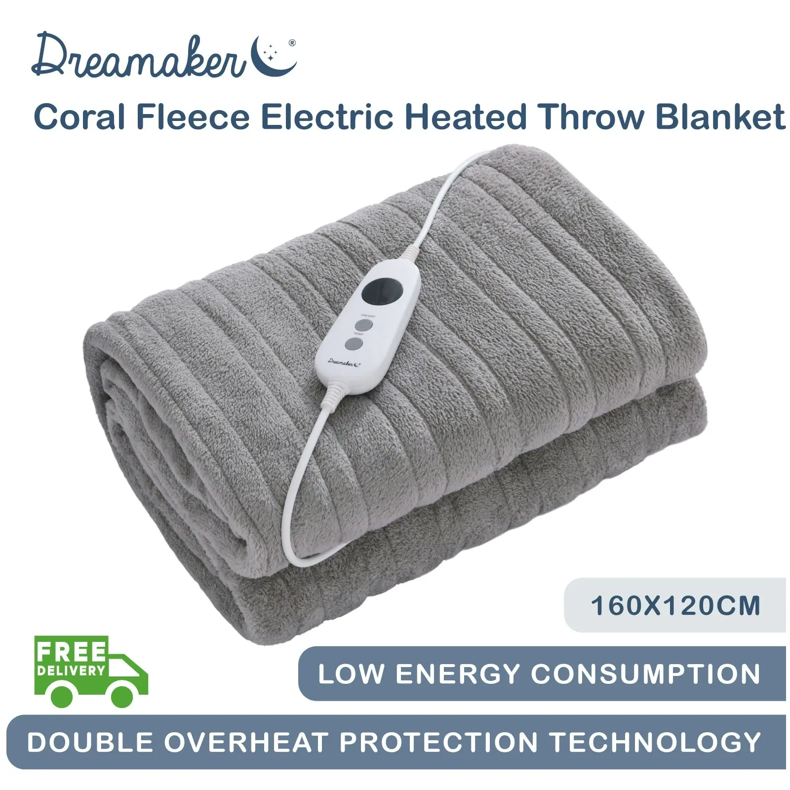 Dreamaker Coral Fleece Heated Throw Silver 160 x 120cm