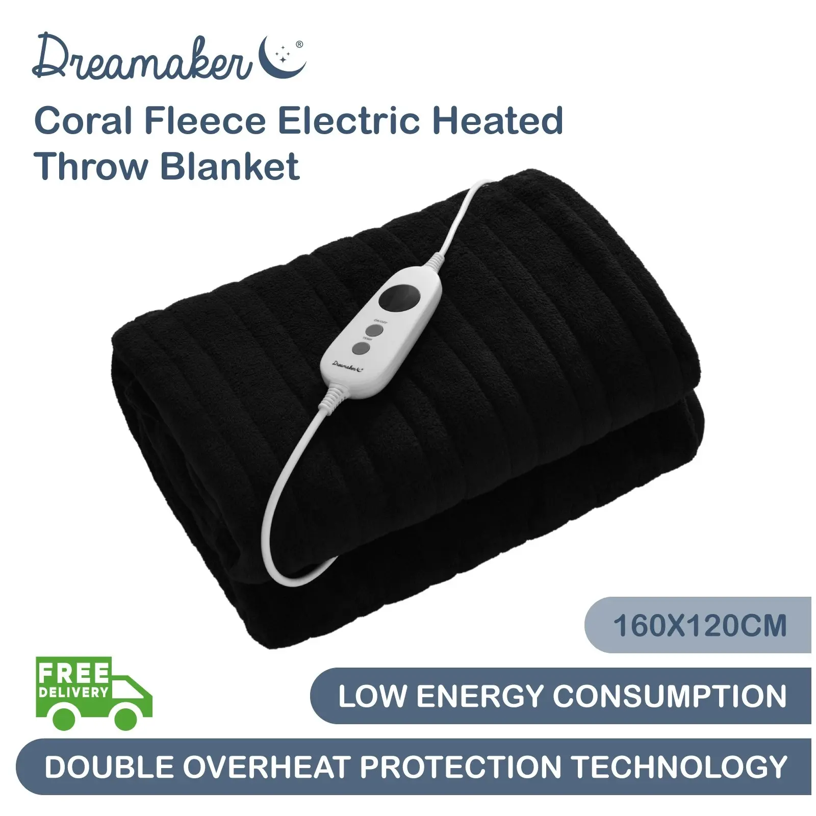 Dreamaker Coral Fleece Heated Throw Black 160 x 120cm