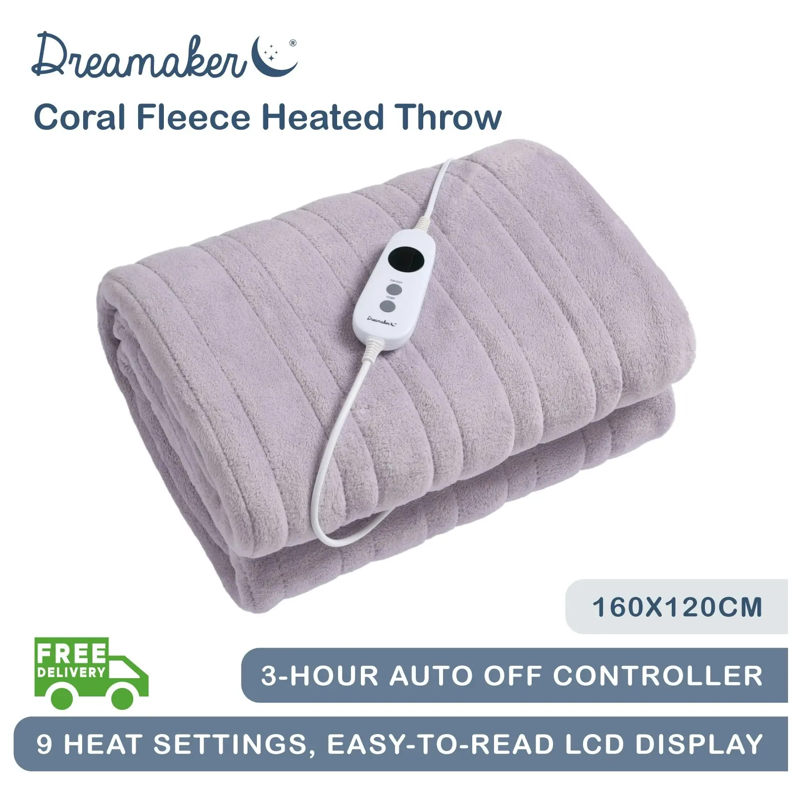 Dreamaker Coral Fleece Electric Heated Throw Blanket Lavender 160 x 120cm