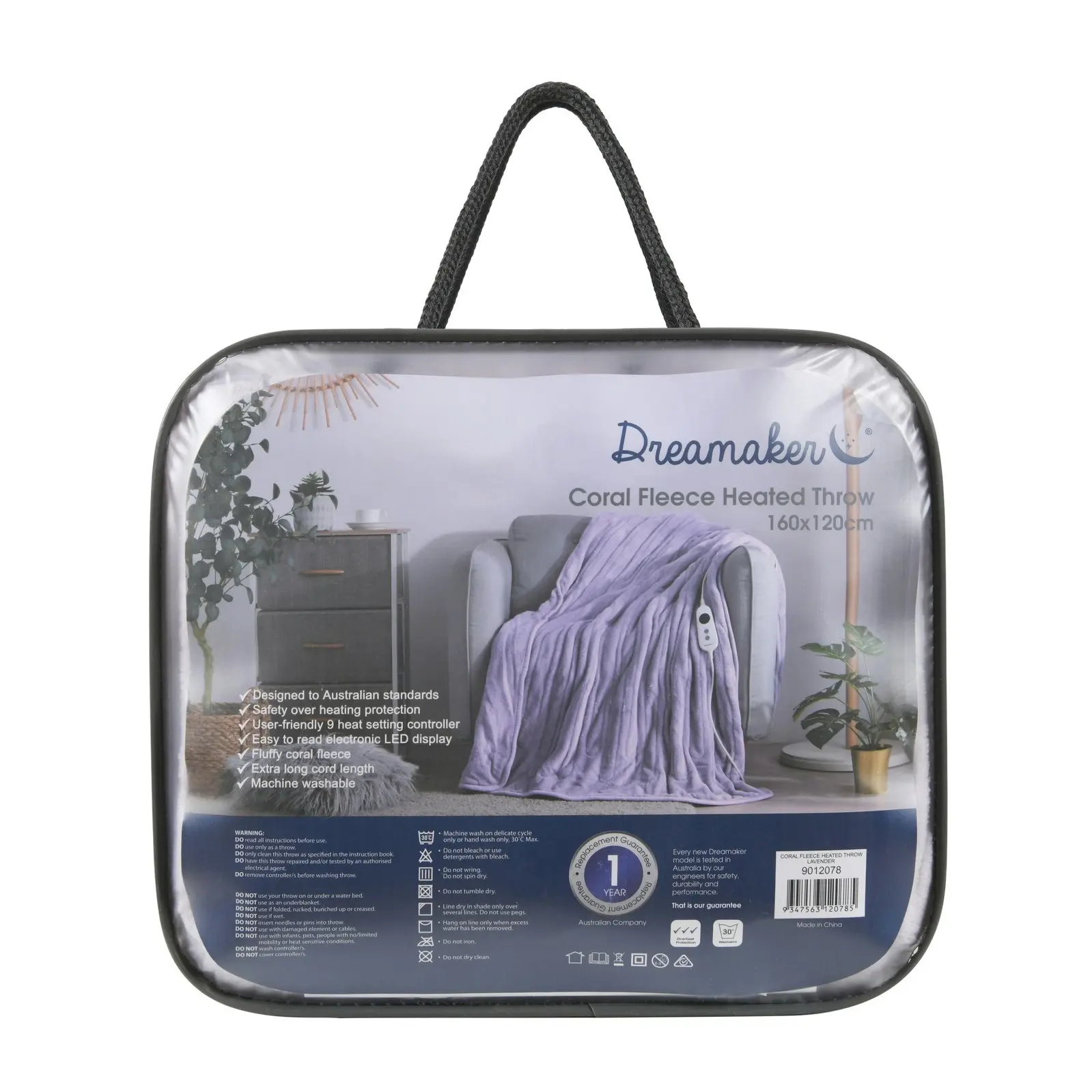 Dreamaker Coral Fleece Electric Heated Throw Blanket Lavender 160 x 120cm