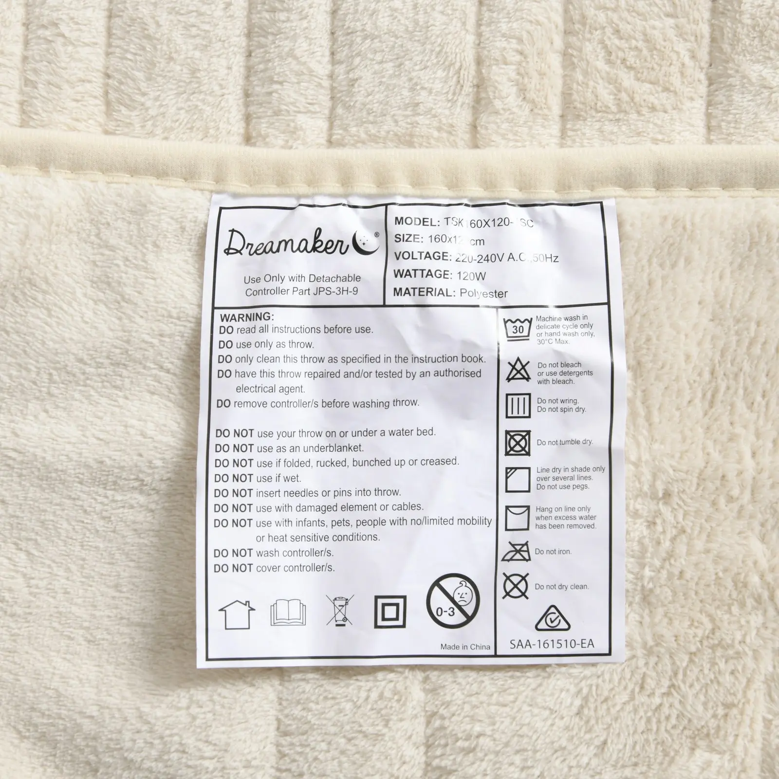 Dreamaker Coral Fleece Electric Heated Throw Blanket Cream 160 x 120cm