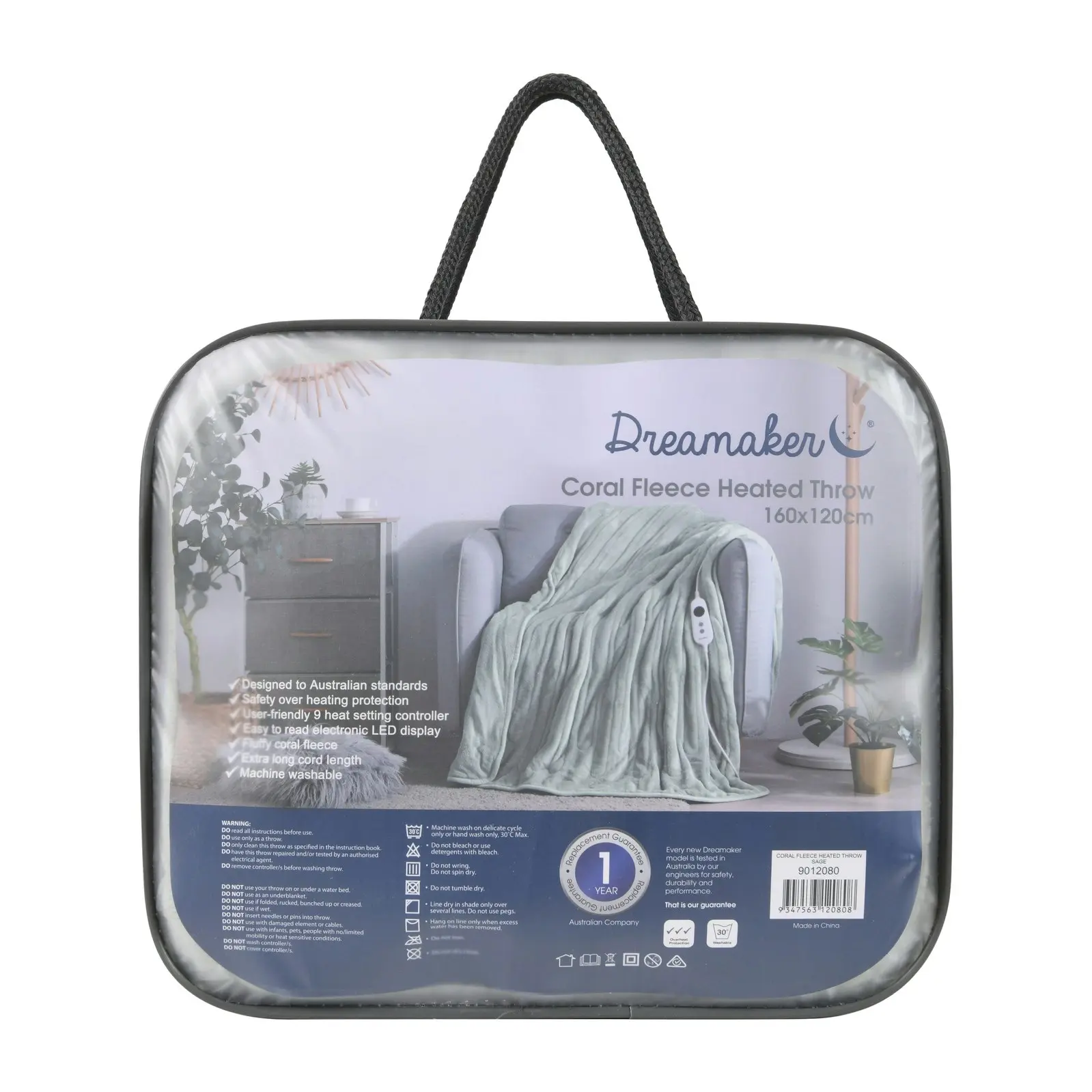 Dreamaker Coral Fleece Electric Heated Throw Blanket Sage 160 x 120cm