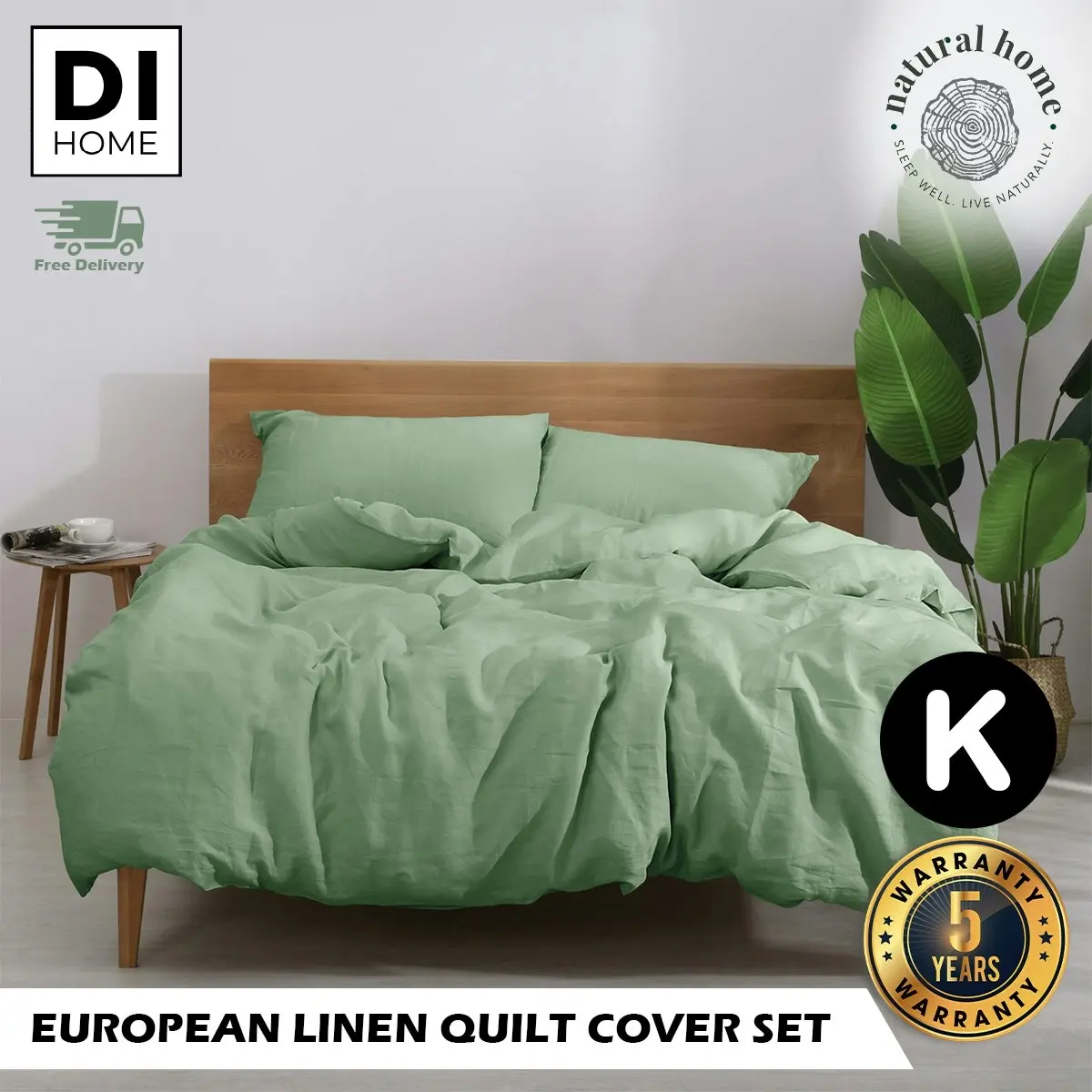 Natural Home Linen 100% European Flax Linen Quilt Cover Set - Sage - King Bed