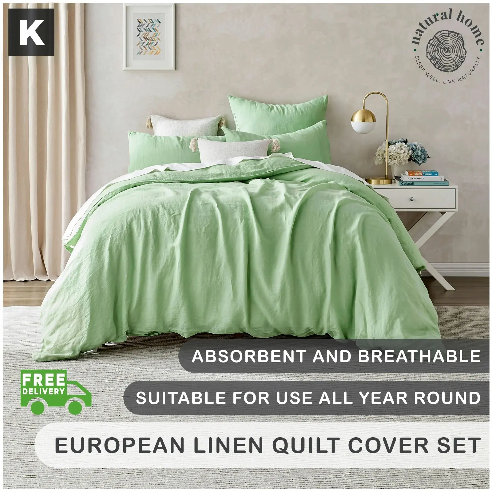 Natural Home Linen 100% European Flax Linen Quilt Cover Set - Sage - King Bed