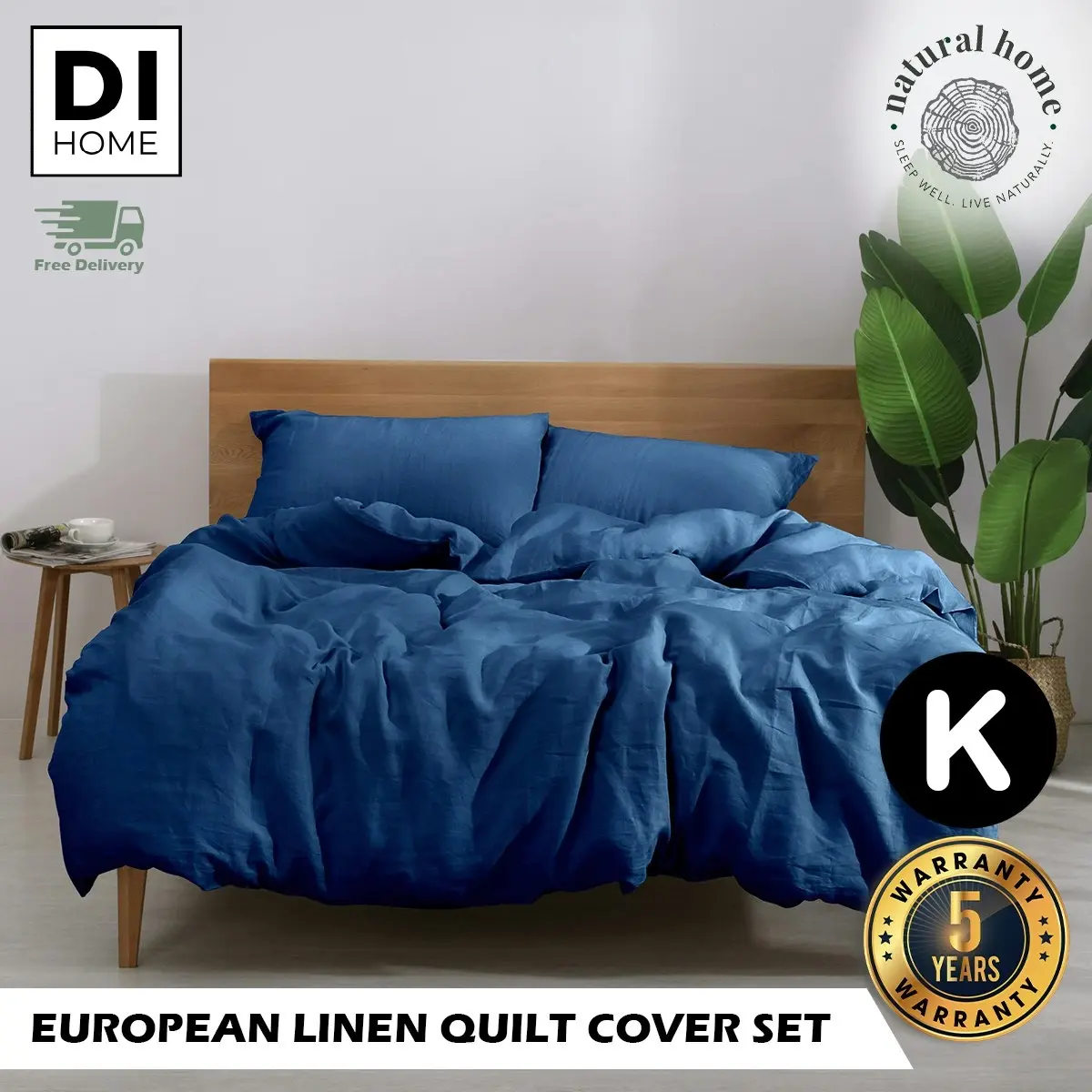 Natural Home Linen 100% European Flax Linen Quilt Cover Set - Deep Blue - King Bed