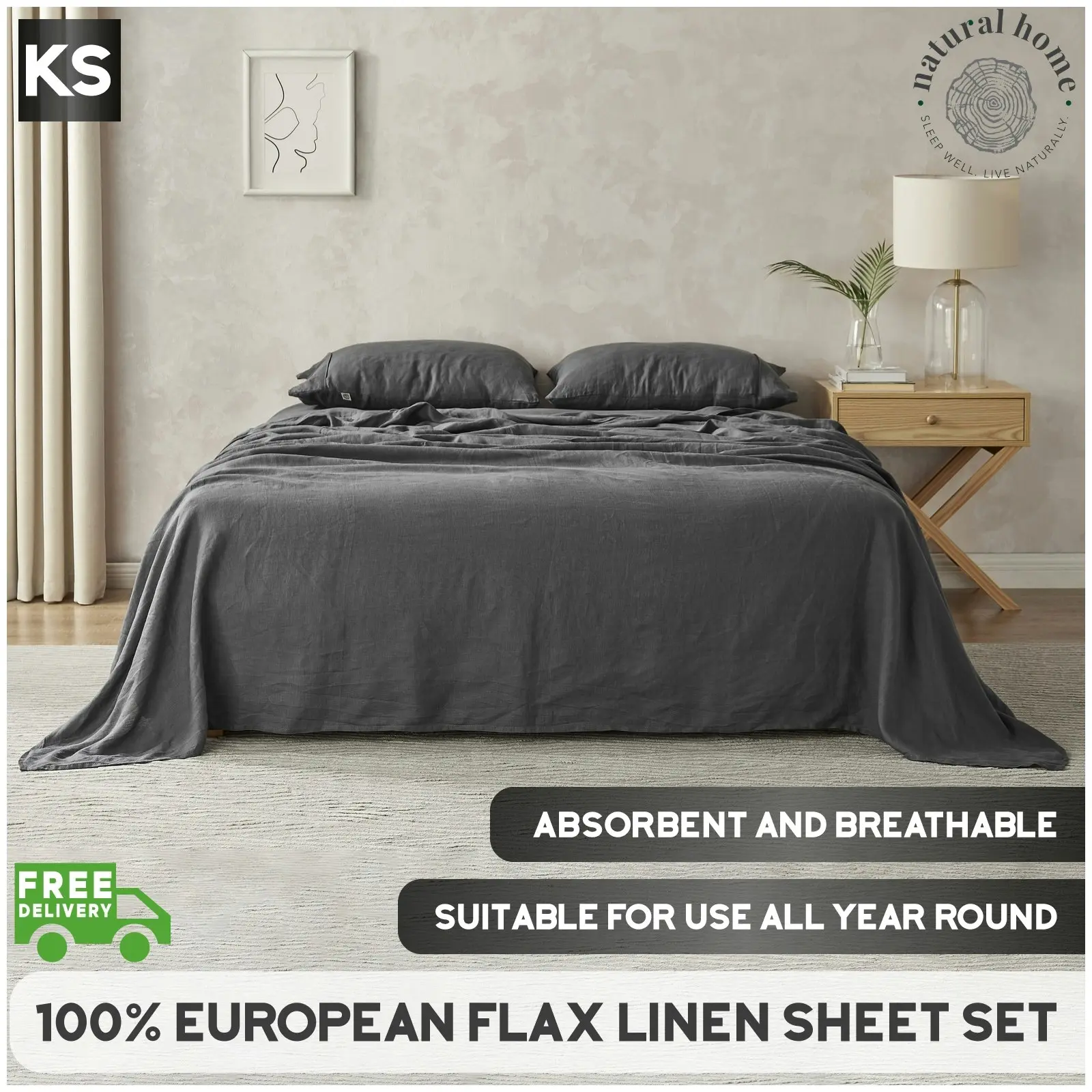 Natural Home 100% European Flax Linen Sheet Set Charcoal King Single Bed