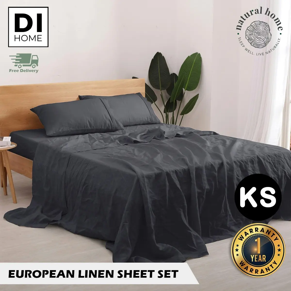 Natural Home 100% European Flax Linen Sheet Set Charcoal King Single Bed