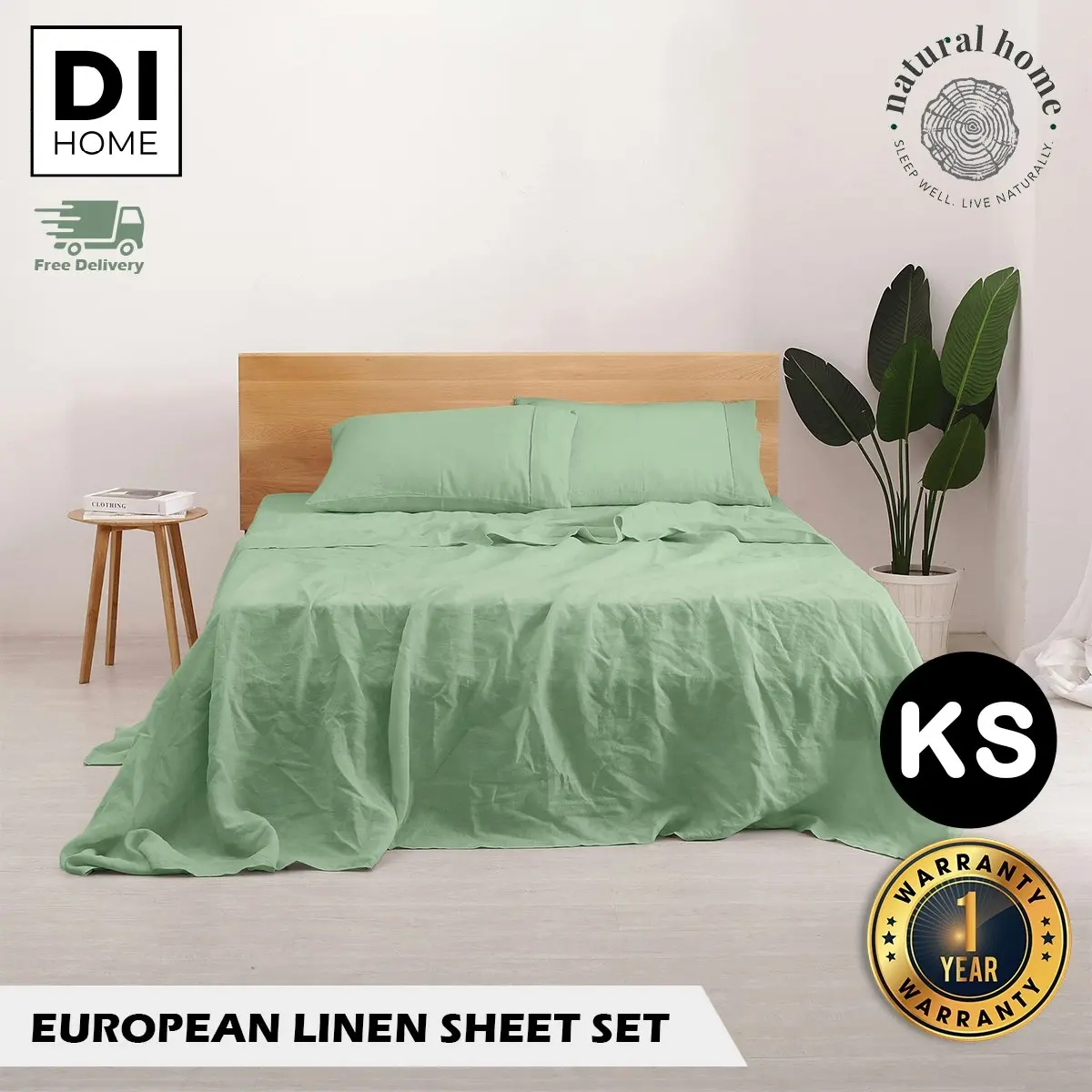 Natural Home 100% European Flax Linen Sheet Set - Sage - King Single Bed