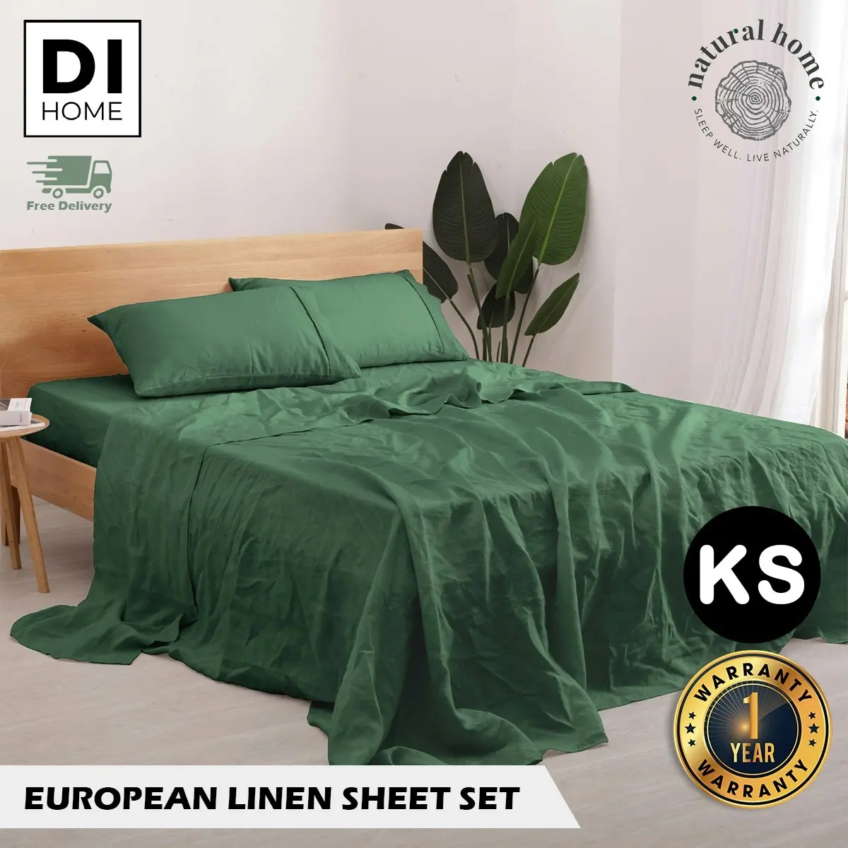 Natural Home 100% European Flax Linen Sheet Set - Olive - King Single Bed