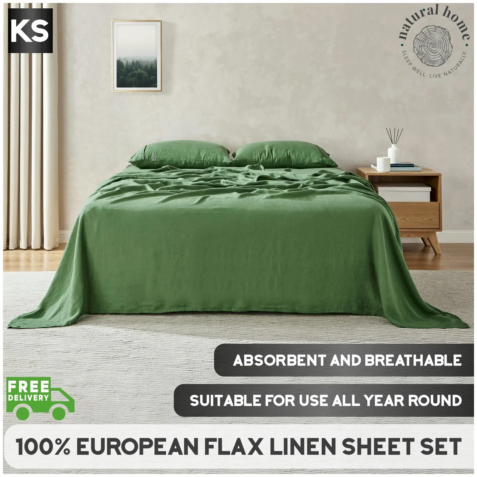 Natural Home 100% European Flax Linen Sheet Set - Olive - King Single Bed