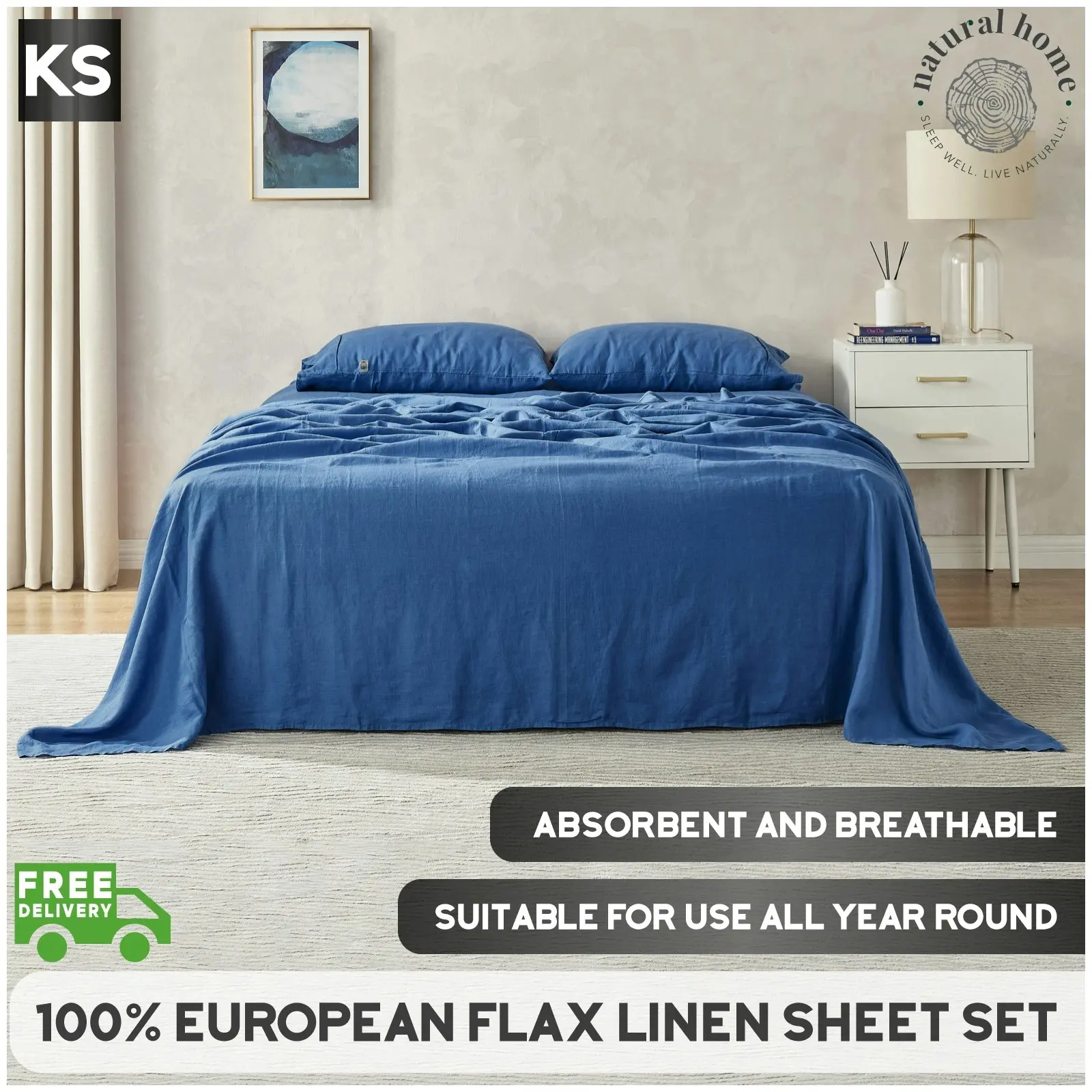 Natural Home 100% European Flax Linen Sheet Set - Deep Blue - King Single Bed