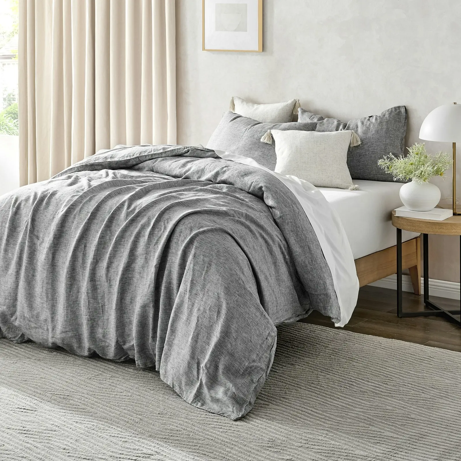 Natural Home Classic Pinstripe Linen Quilt Cover Set Dark with White Pinstripe Super King Bed