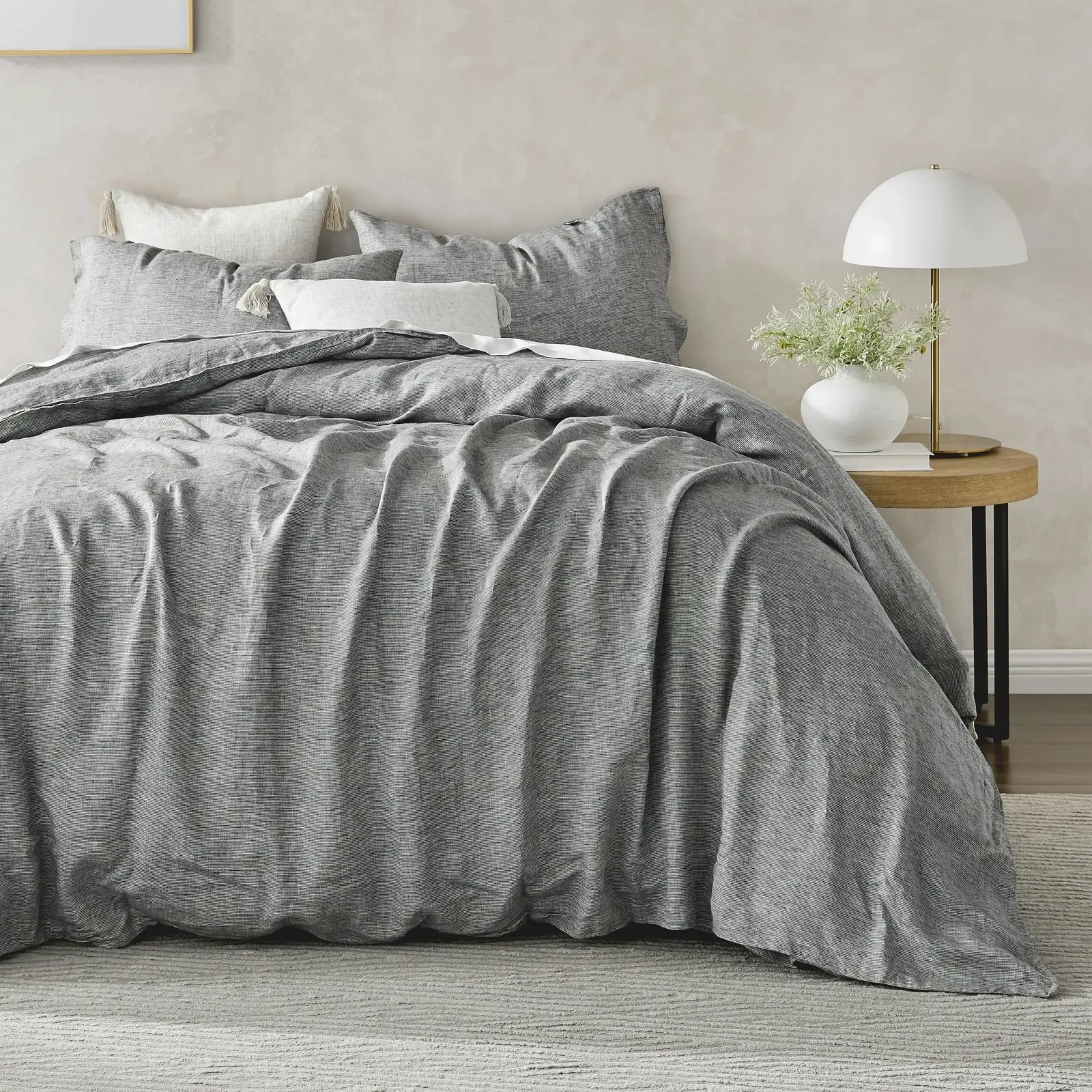 Natural Home Classic Pinstripe Linen Quilt Cover Set Dark with White Pinstripe Super King Bed