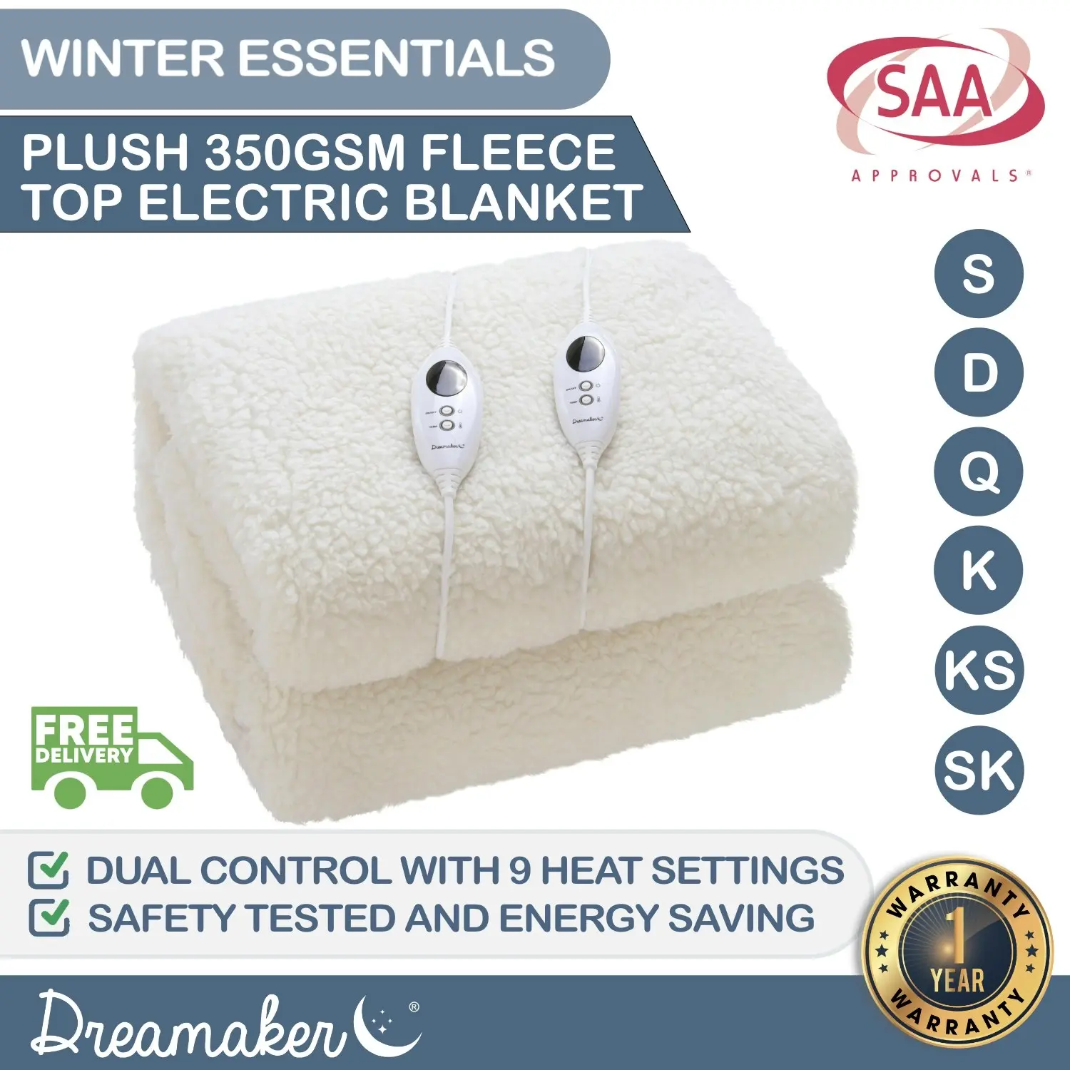 Dreamaker 350 Gsm Fleece Top Electric Blanket - Long Single Bed 203x93+35cm