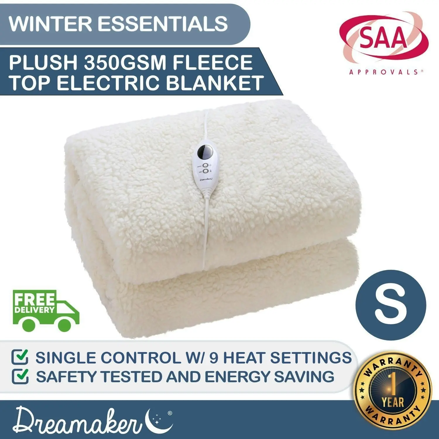 Dreamaker 350 Gsm Fleece Top Electric Blanket - Long Single Bed 203x93+35cm