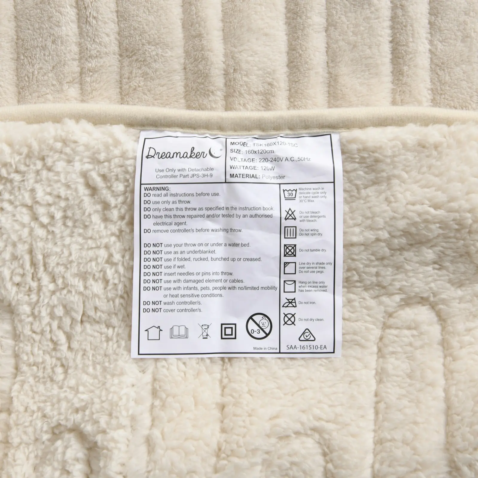 Dreamaker Reversible Sherpa & Coral Fleece Heated Throw Cream 160 x 120cm