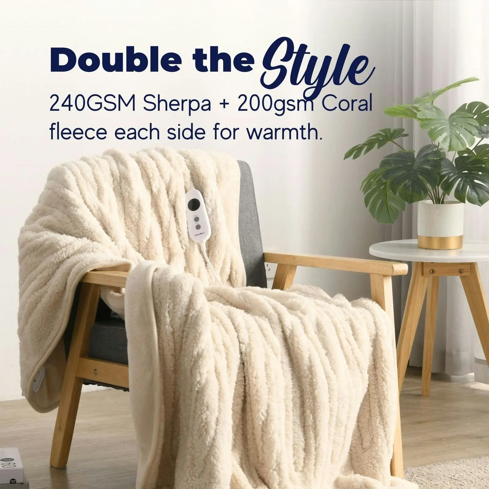 Dreamaker Reversible Sherpa & Coral Fleece Heated Throw Cream 160 x 120cm