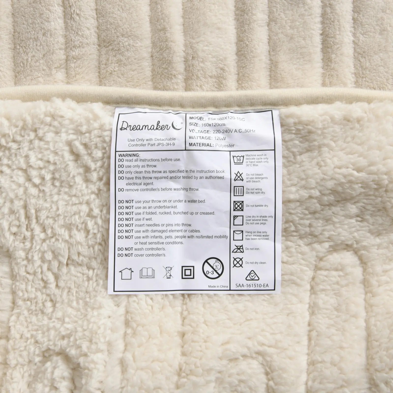 Dreamaker Reversible Sherpa & Coral Fleece Heated Throw Cream 160 x 120cm