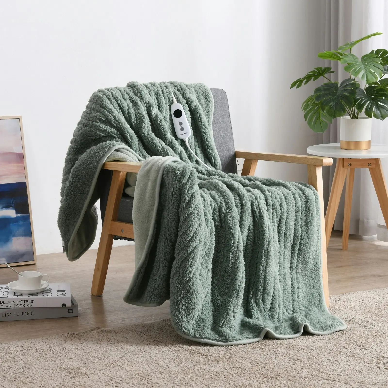 Dreamaker Reversible Sherpa & Coral Fleece Heated Throw Olive and Sage 160 x 120cm