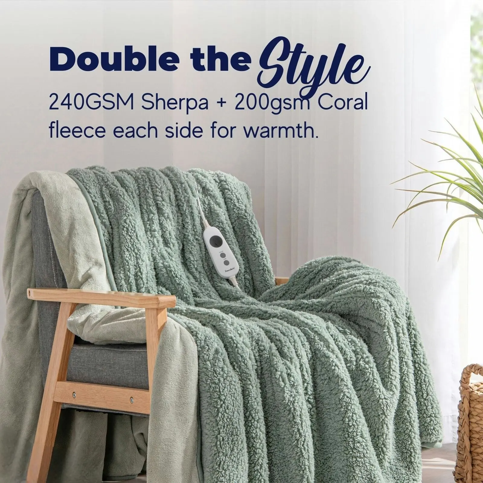 Dreamaker Reversible Sherpa & Coral Fleece Heated Throw Olive and Sage 160 x 120cm