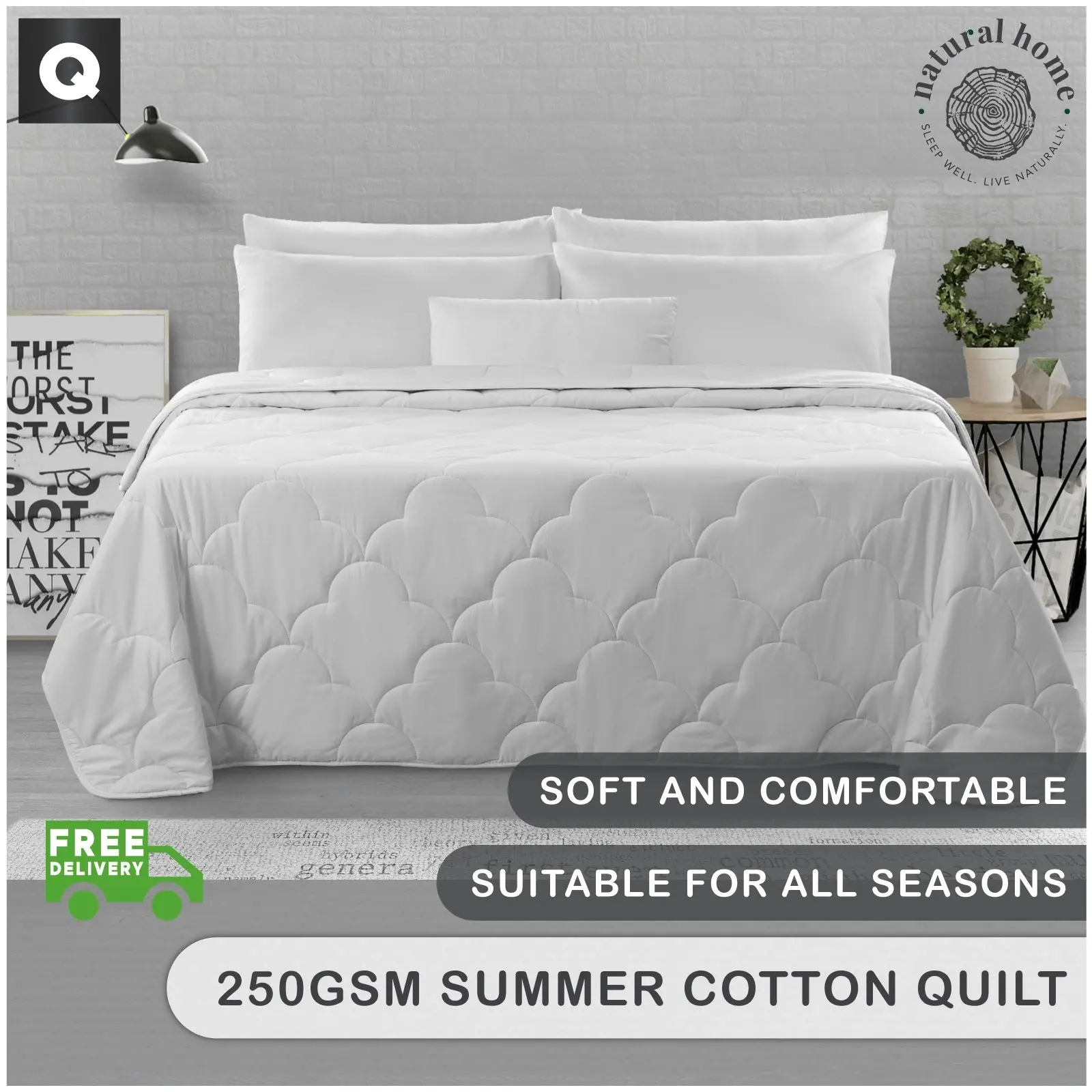 7007008 Natural Home Summer Cotton Quilt 250gsm - White - Queen Bed