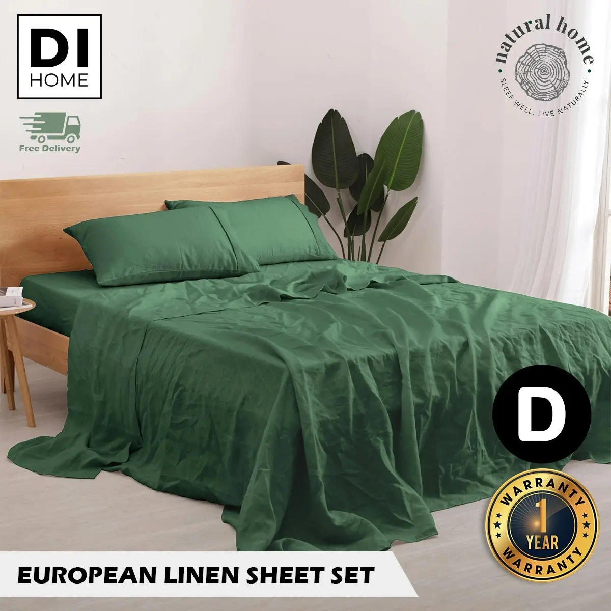 Natural Home 100% European Flax Linen Sheet Set - Olive - Double Bed