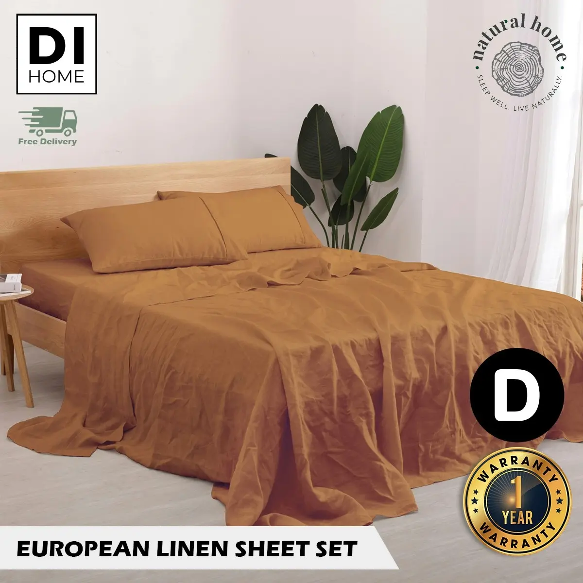 Natural Home 100% European Flax Linen Sheet Set - Rust - Double Bed